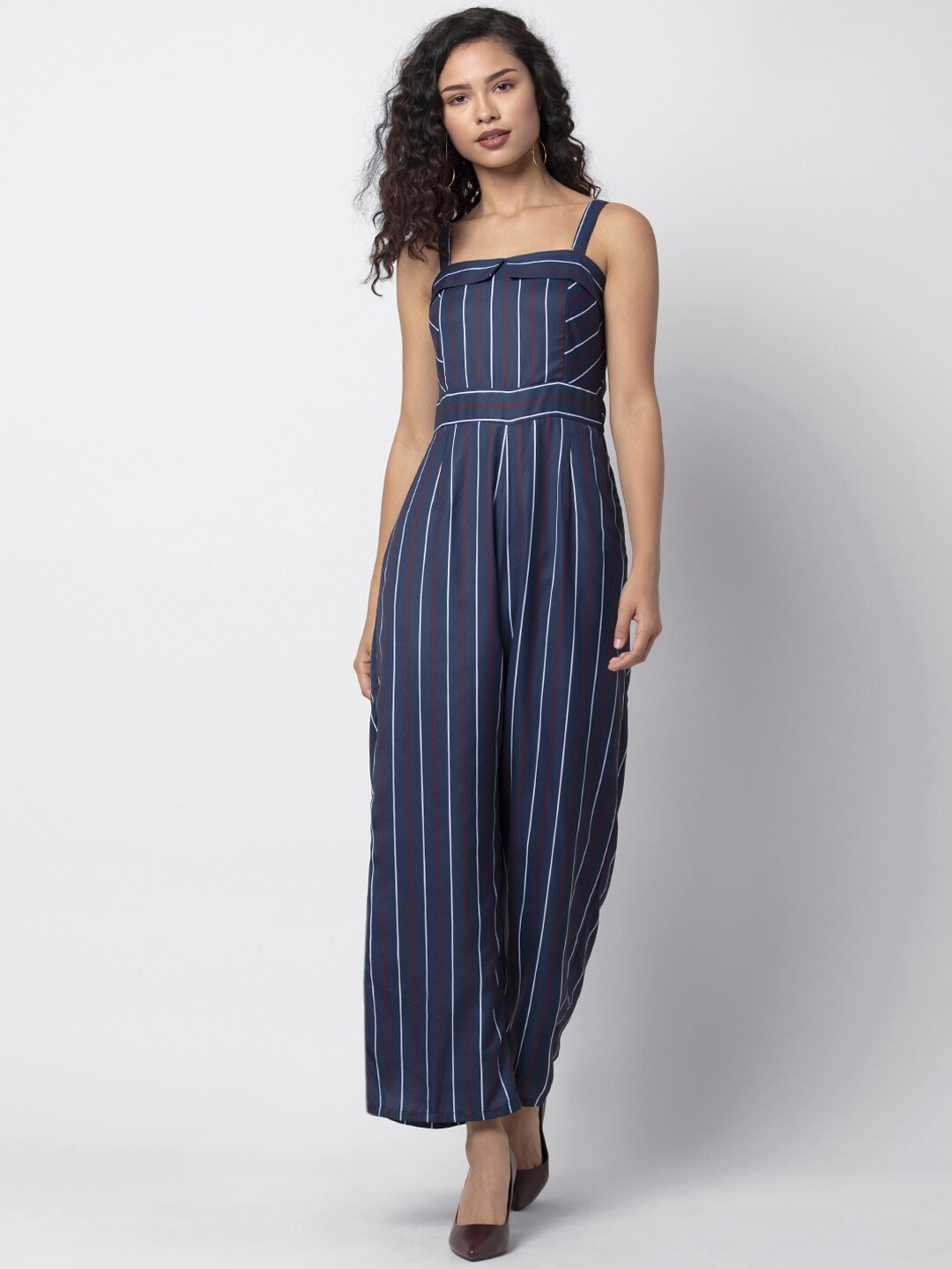 

FabAlley Women Navy Blue & Maroon Striped Basic Jumpsuit