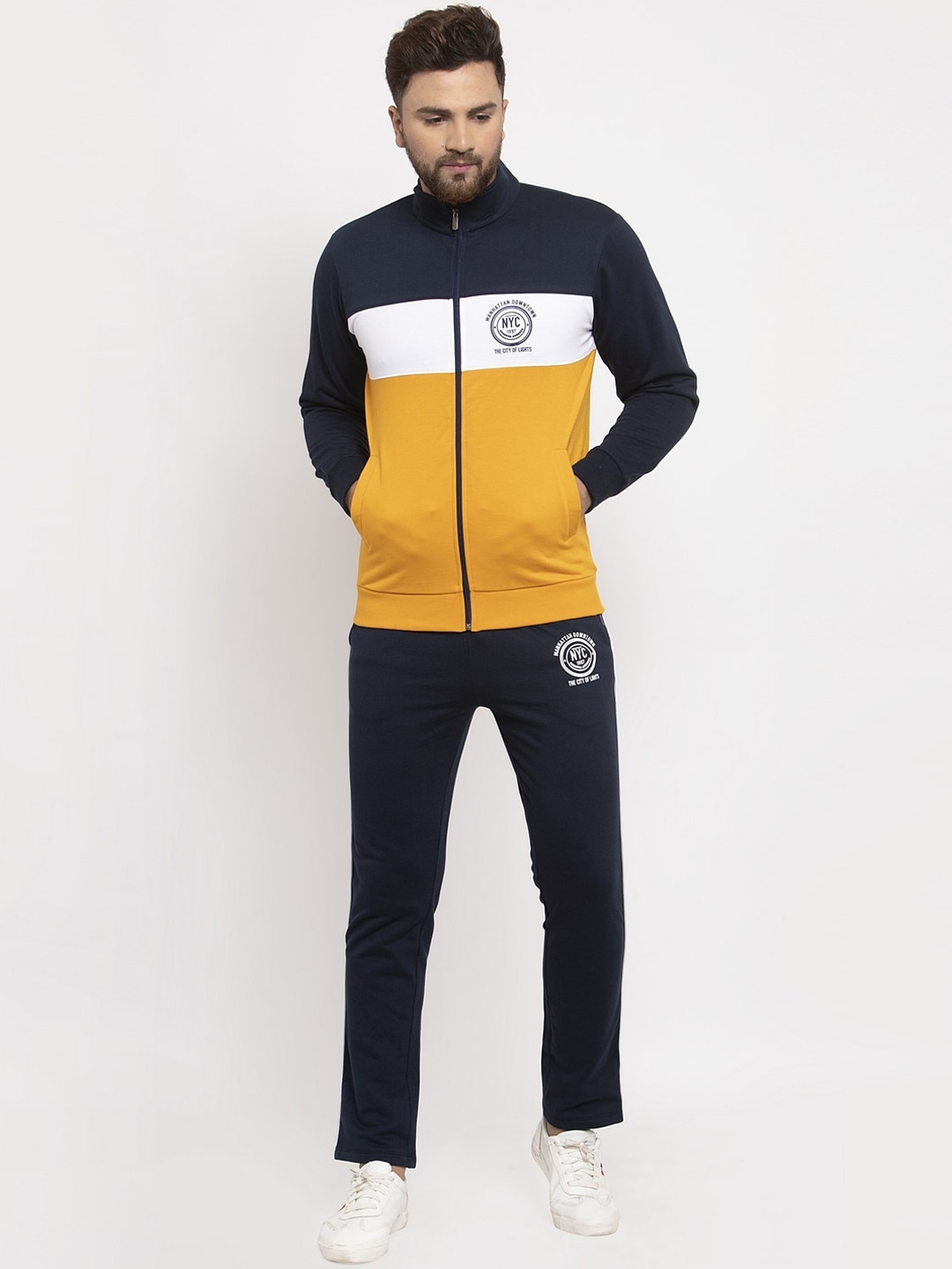 

WILD WEST Men Navy Blue & Yellow Colourblocked Tracksuit