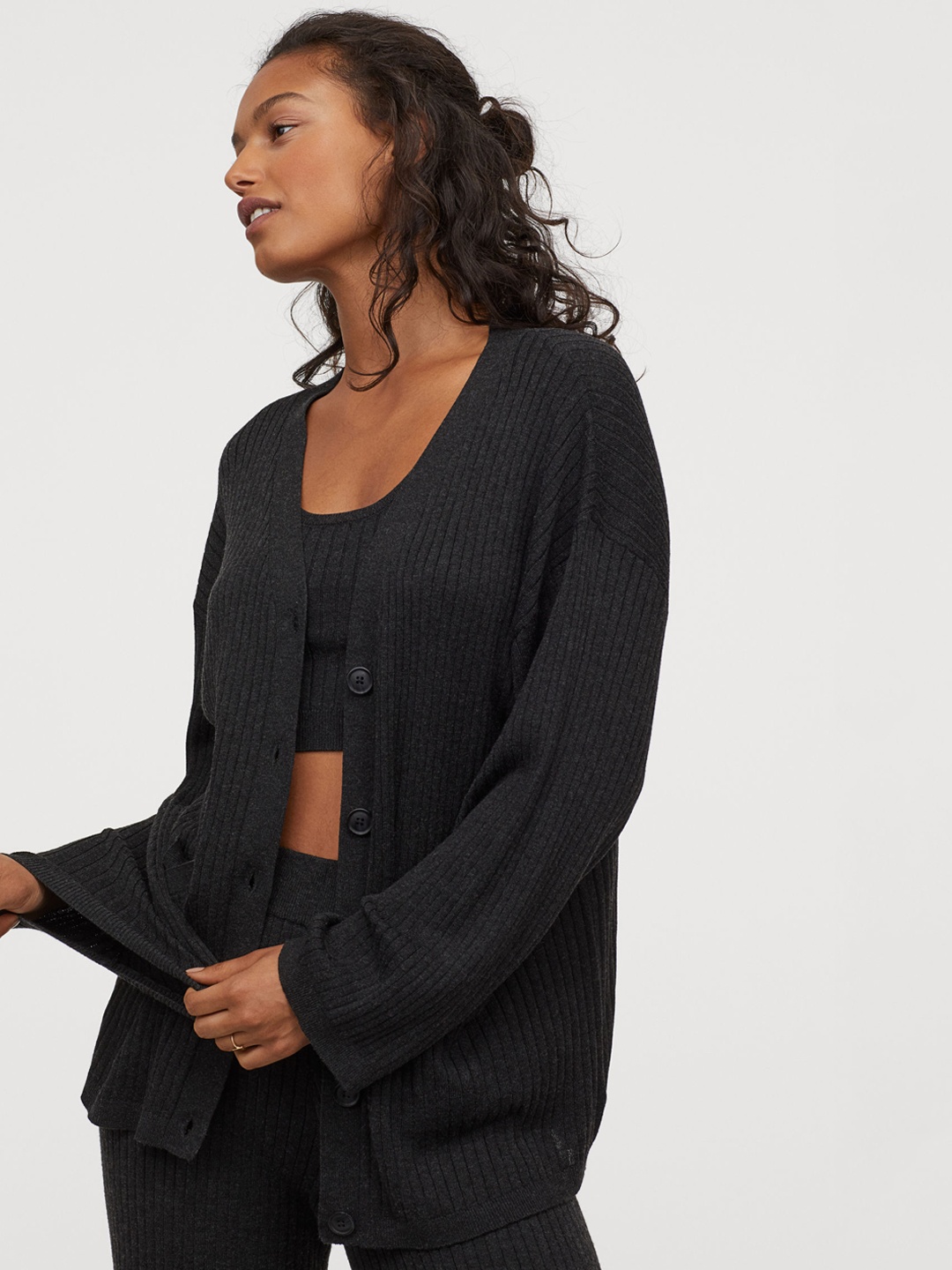 

H&M Women Black Rib-Knit Sustainable Cardigan