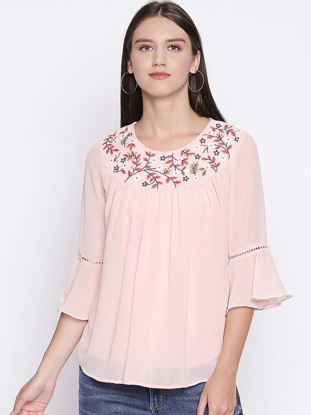 

Mesmerize Women Peach Embroidered A-line Top
