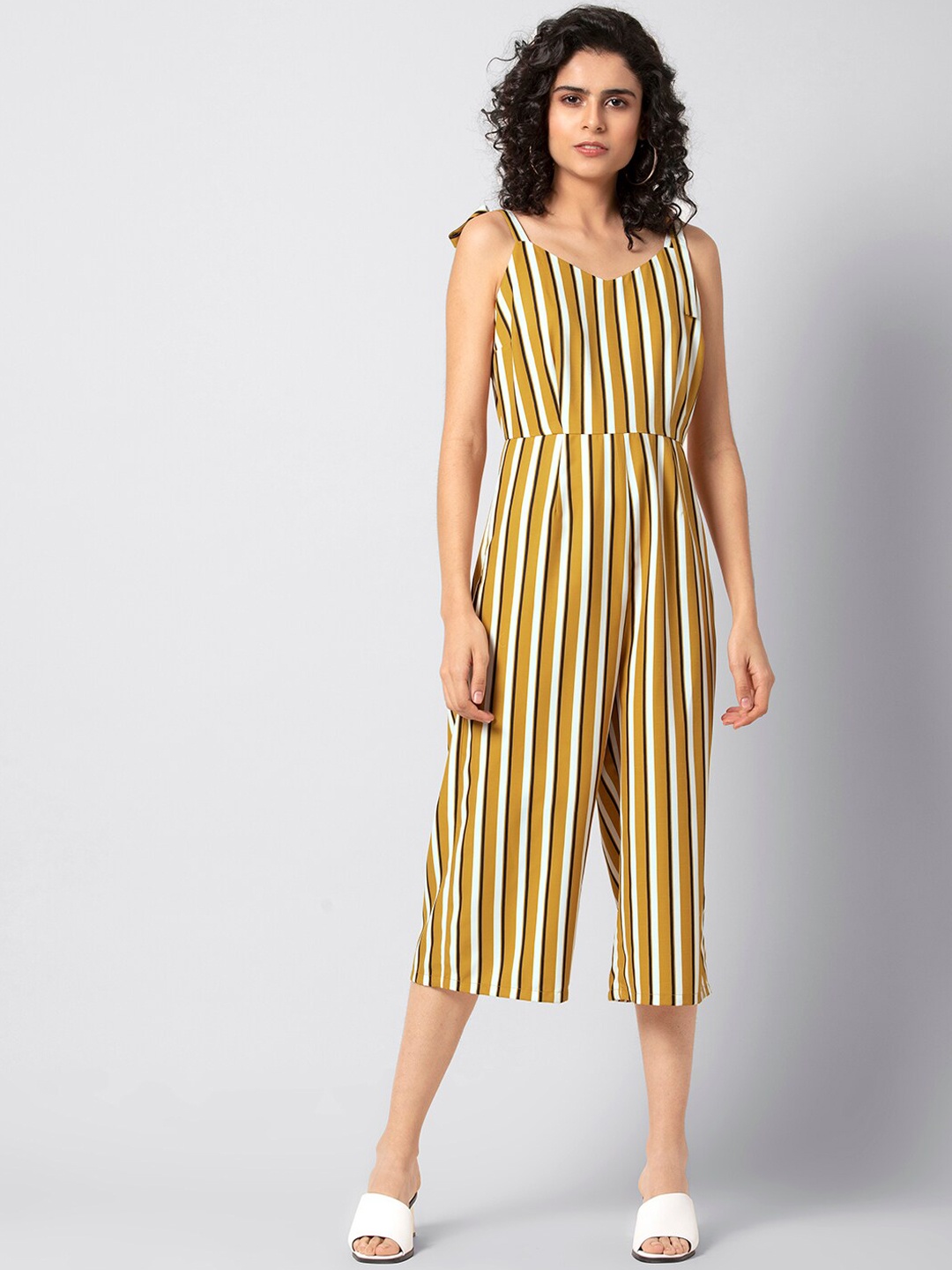 

FabAlley Women Yellow & White Striped Culotte Jumpsuit