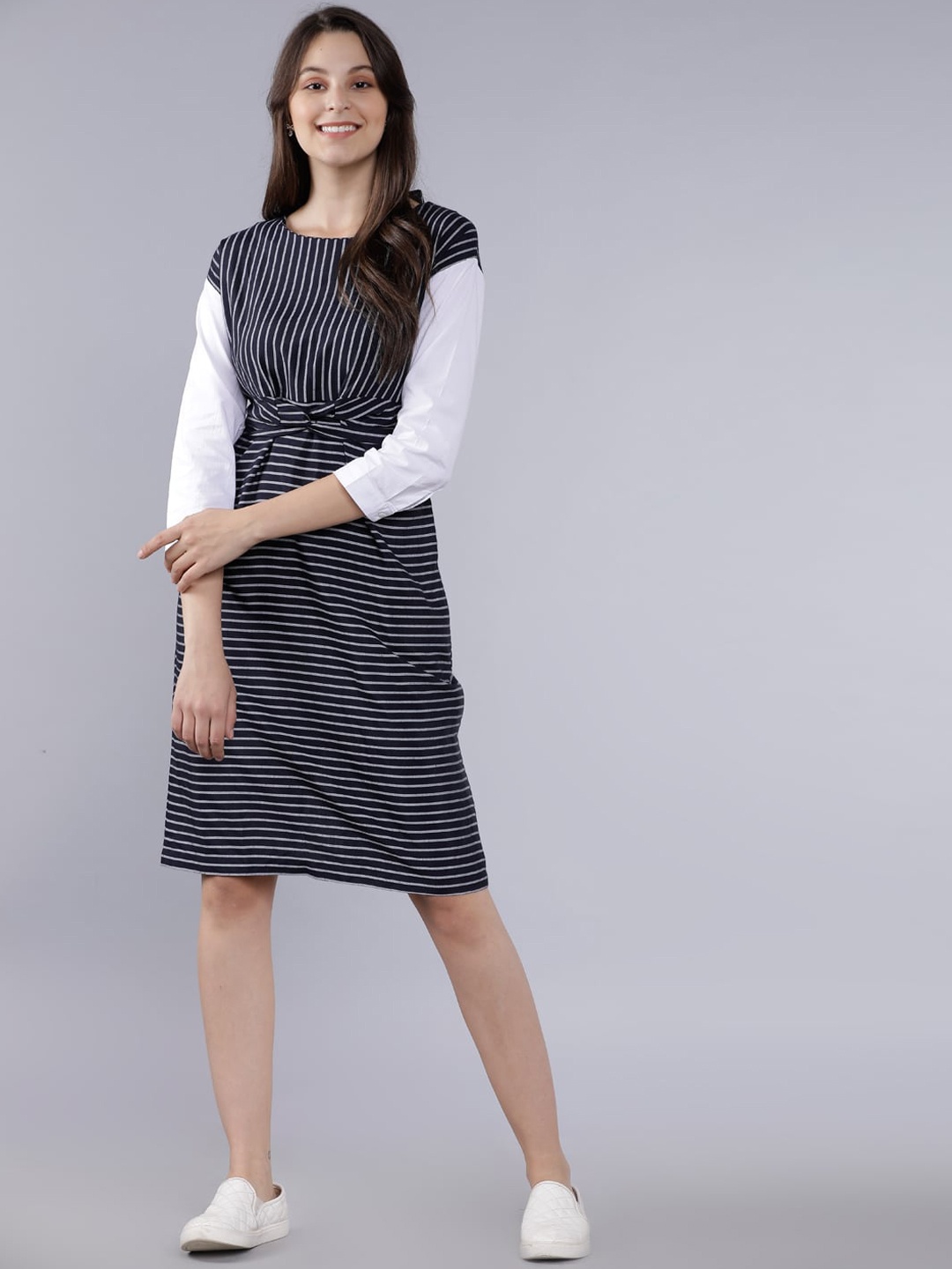 

Tokyo Talkies Women Navy Blue Striped Sheath Dress
