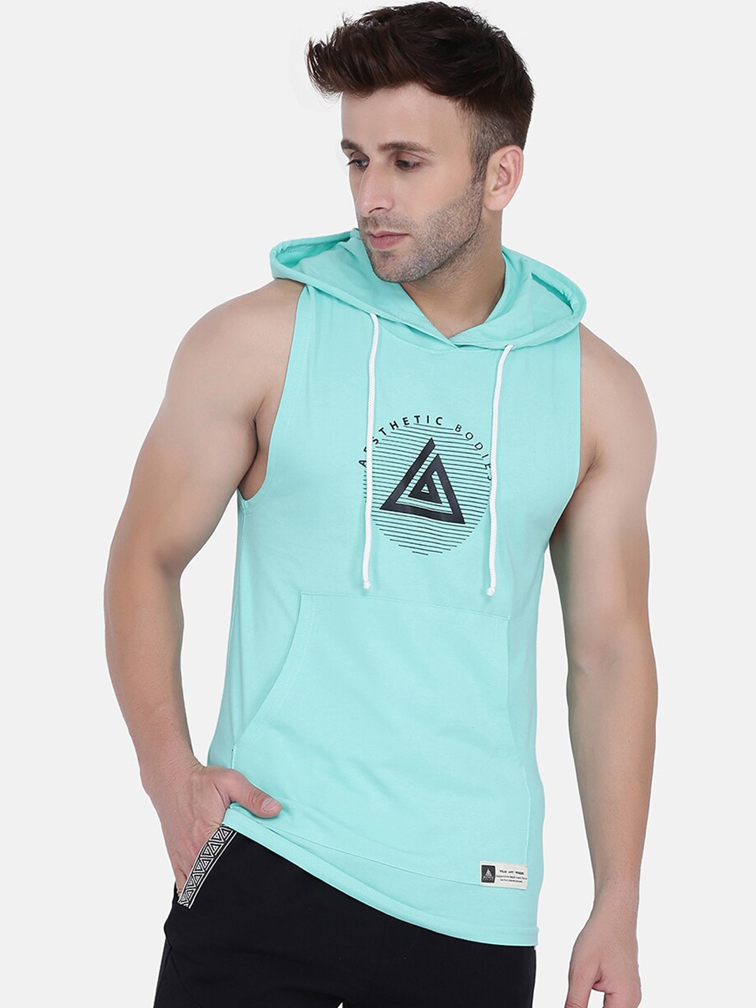 

Aesthetic Bodies Men Turquoise Blue Brand Logo Print Hooded T-shirt