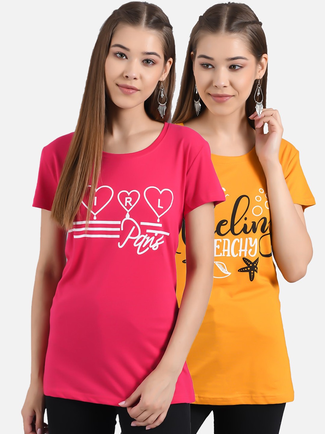

Kotty Women Set Of 2 Printed Round Neck T-shirt, Pink
