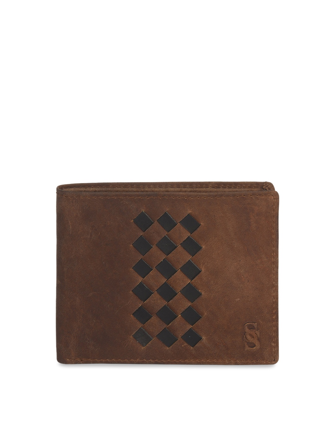 Second SKIN Men Tan Brown Woven Design Genuine Leather Two Fold Wallet
