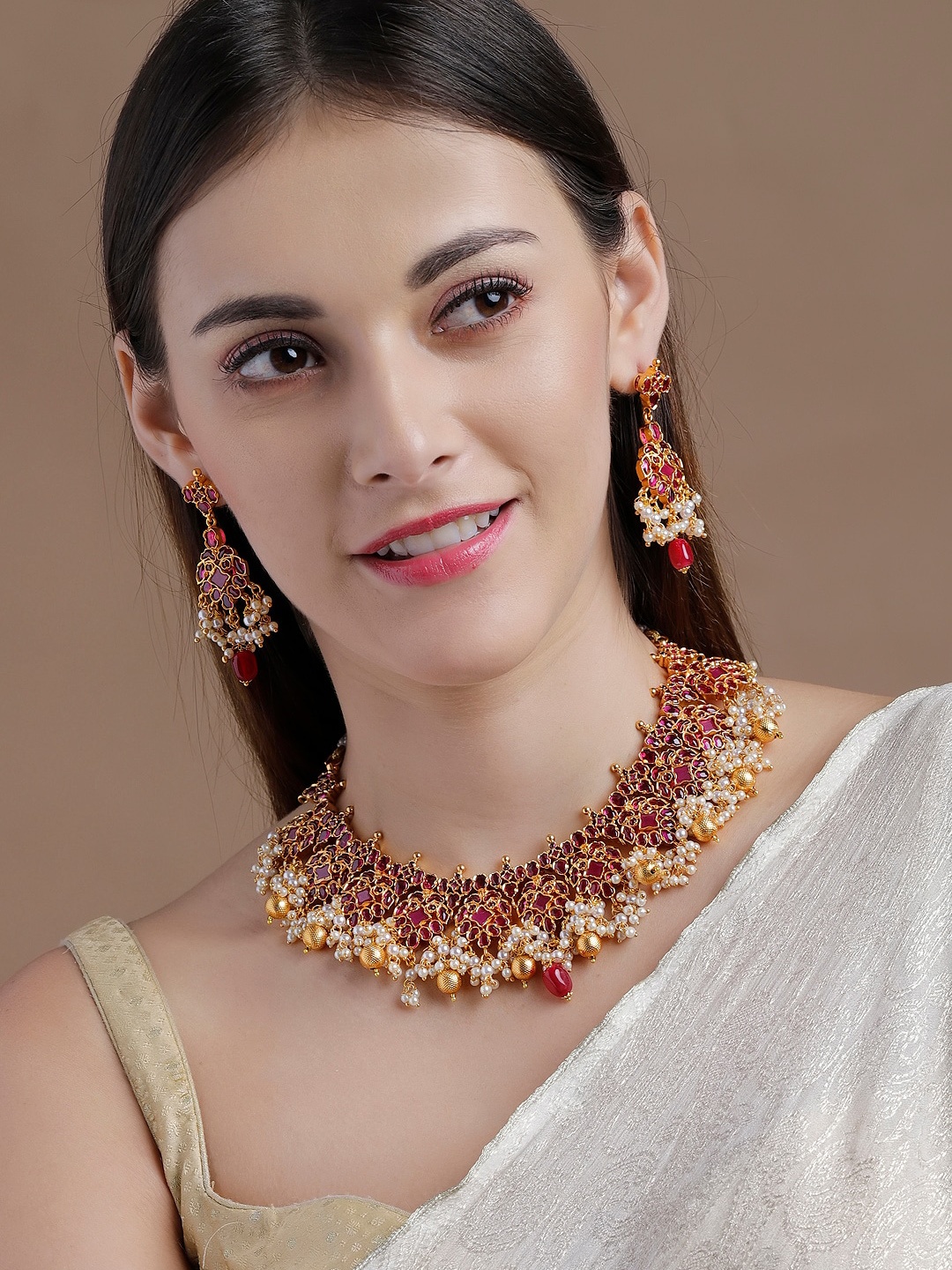 

rubans LUXURY Gold-Toned & Red Ruby-Studded Pearls Handcrafted Jewellery Set