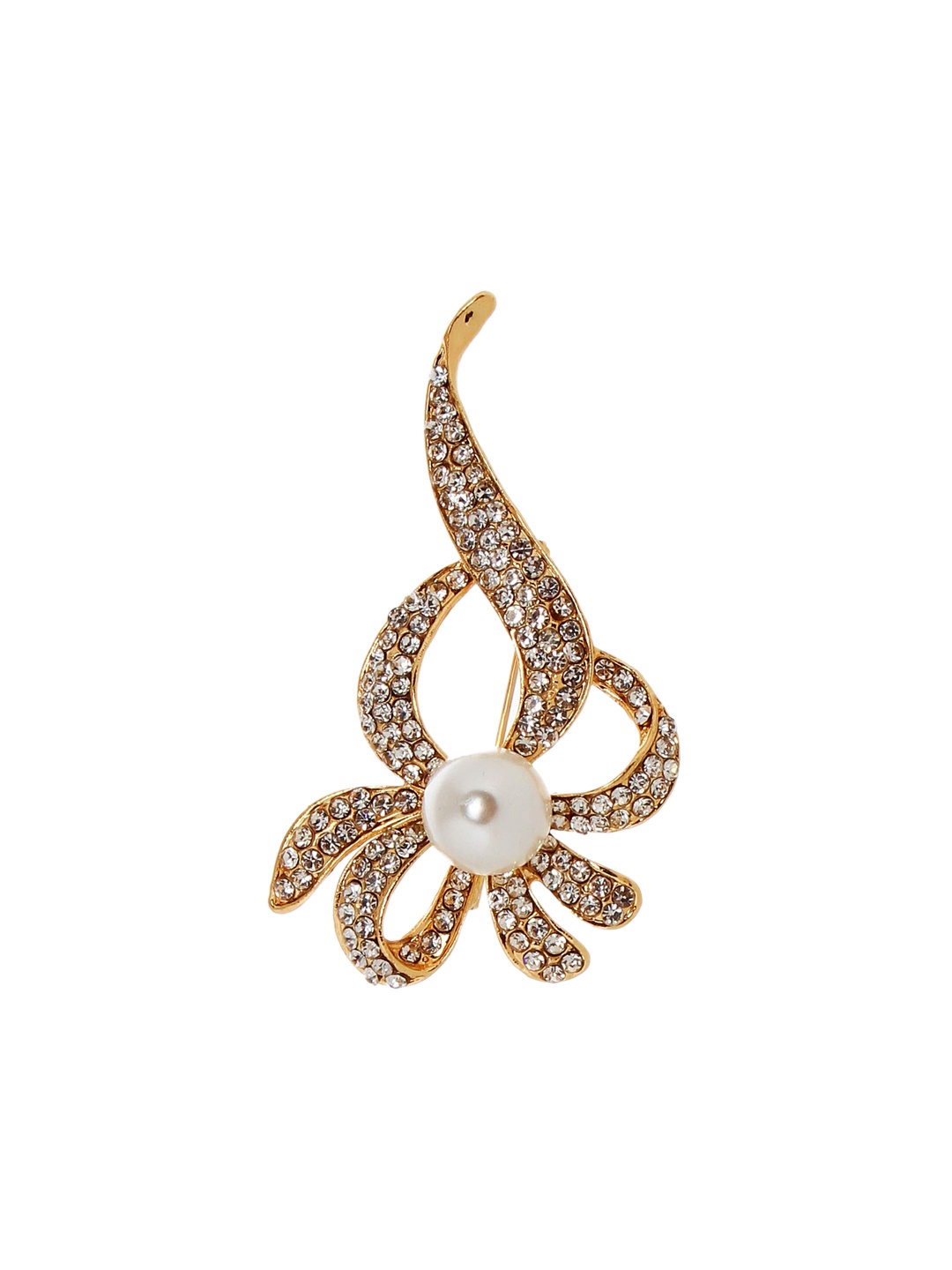 

LUCKY JEWELLERY Unisex Gold-Toned & White Stone-Studded Flower-Shaped Brooch