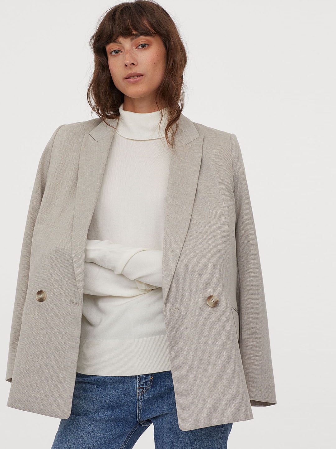 

H&M Women White Solid Fine-Knit Polo-Neck Jumper