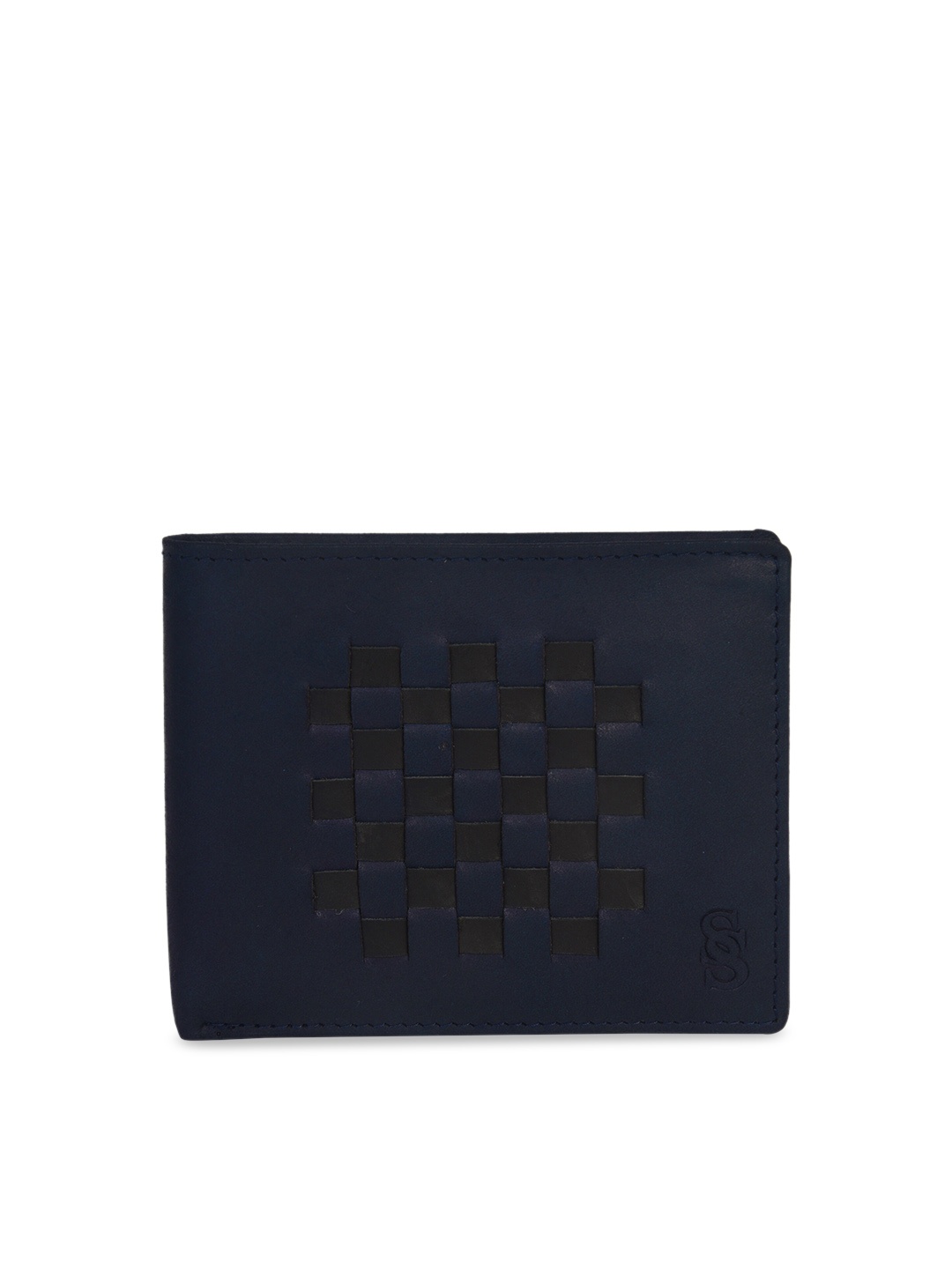 

Second SKIN Men Blue & Black Woven Design Leather Two Fold Wallet