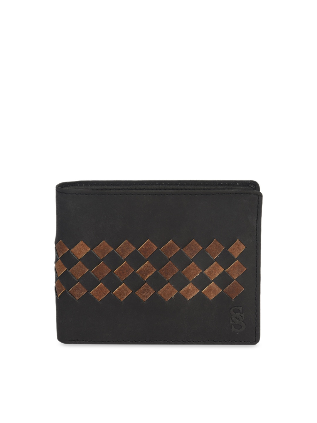 

Second SKIN Men Black Woven Design Genuine Leather Two Fold Wallet