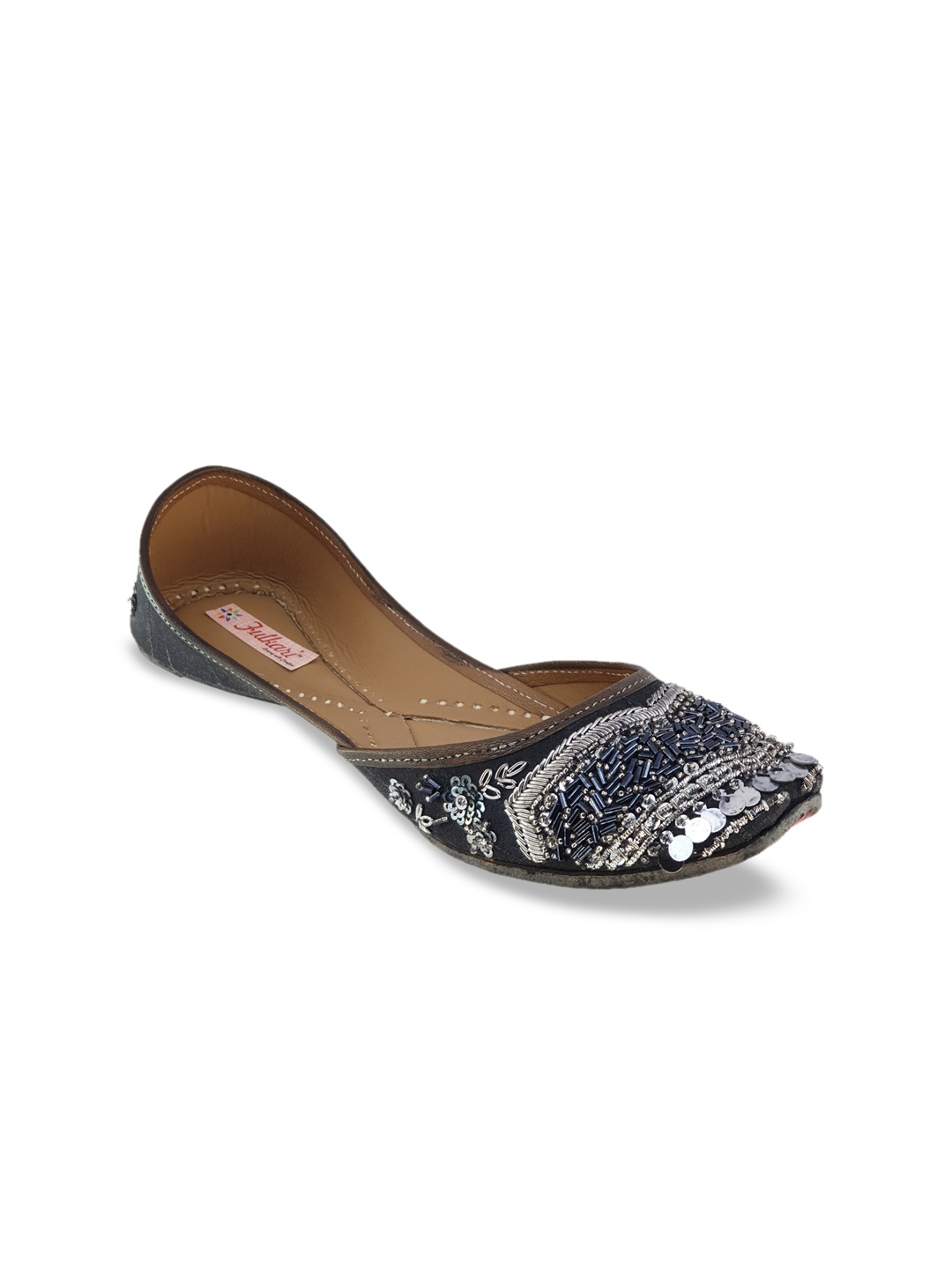 

Fulkari Women Gunmetal-Toned Embellished Leather Mojaris, Metallic