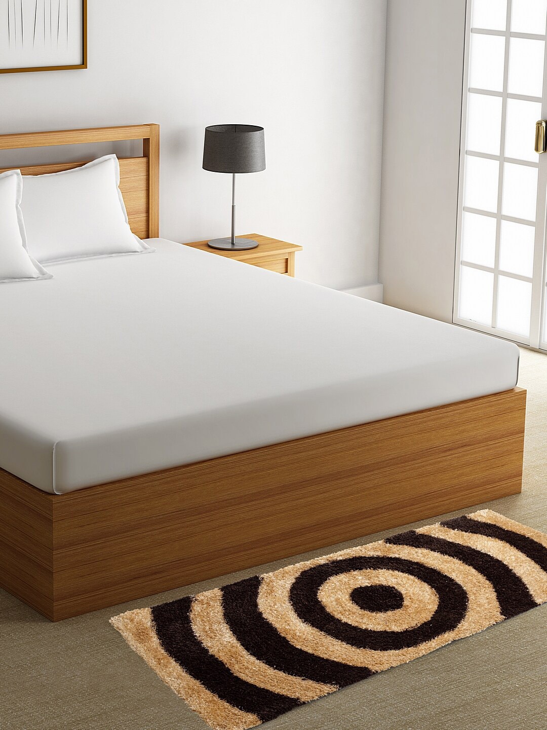 HOSTA HOMES Brown Geometric Shaggy Fur Bed-Side Runner