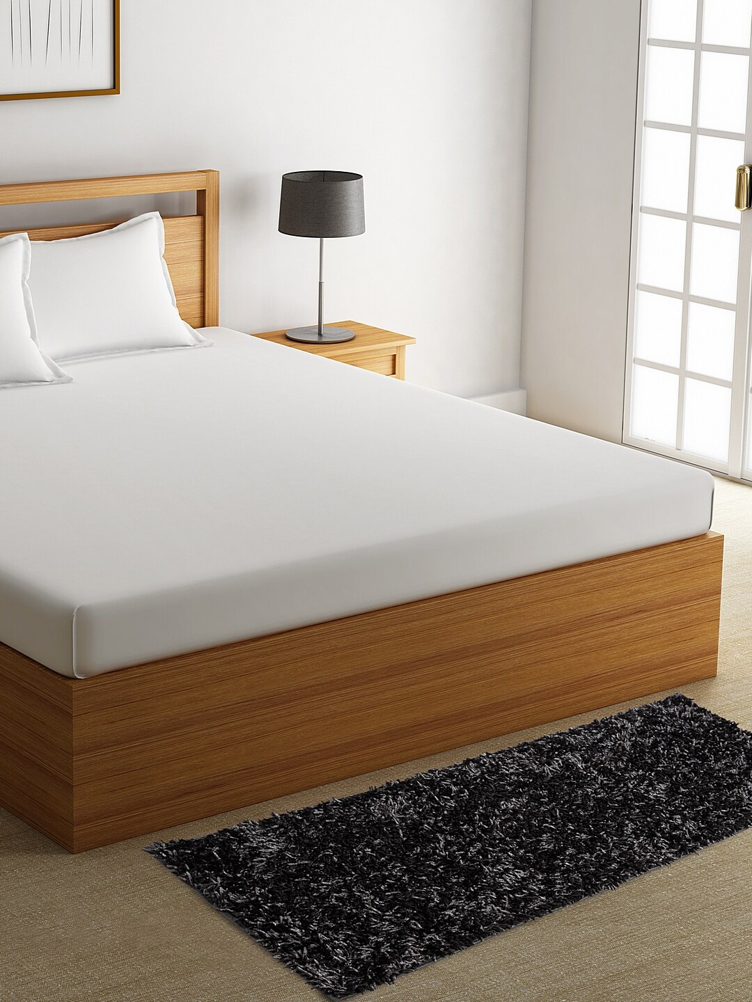 

HOSTA HOMES Black Solid Shaggy Fur Hand-Tufted Bed Runner