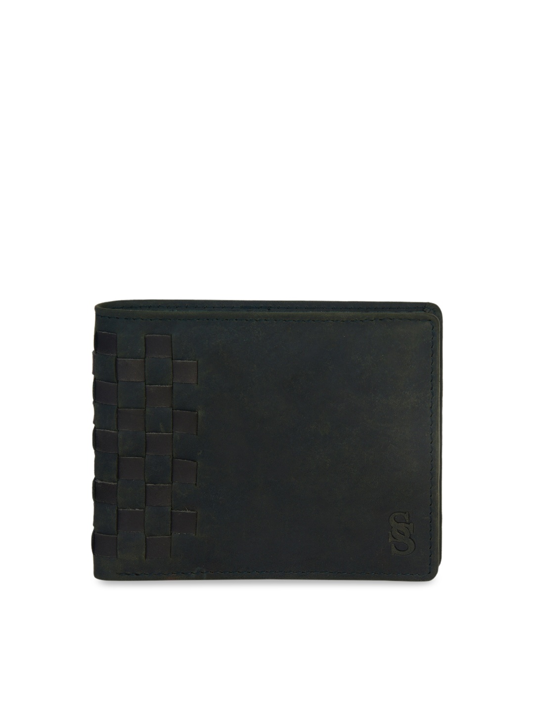 

Second SKIN Men Olive Green & Black Woven Design Leather Two Fold Wallet