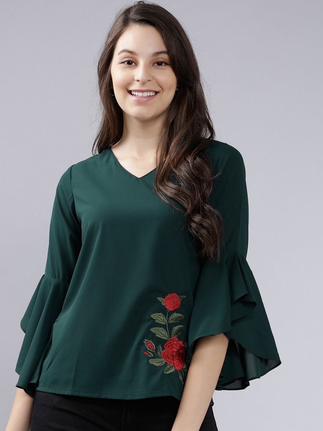 

Tokyo Talkies Women Green & Red Embroidered Top