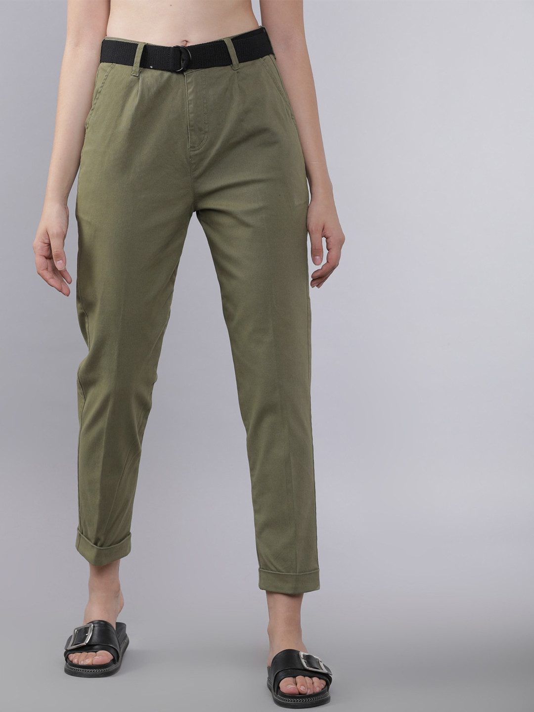 

Tokyo Talkies Women Olive Green Tapered Fit Solid Regular Trousers