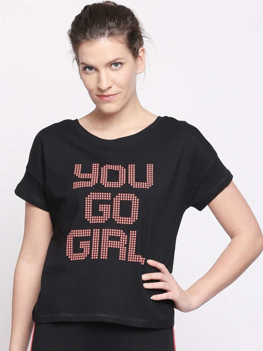 

Ajile by Pantaloons Women Black & Pink Printed Styled Back Pure Cotton Top