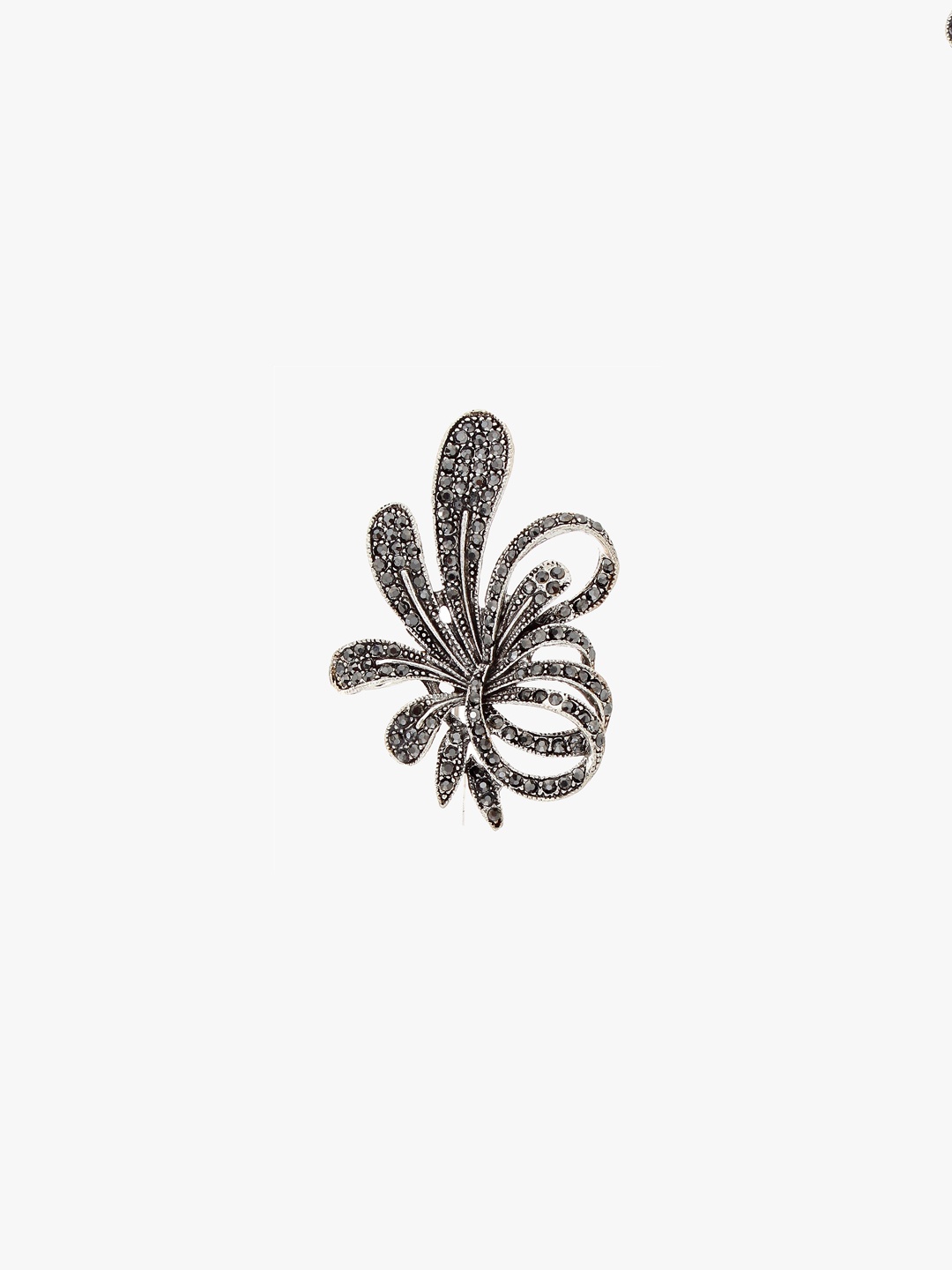 

LUCKY JEWELLERY Unisex Silver-Toned & Black Stone-Studded Flower-Shaped Brooch