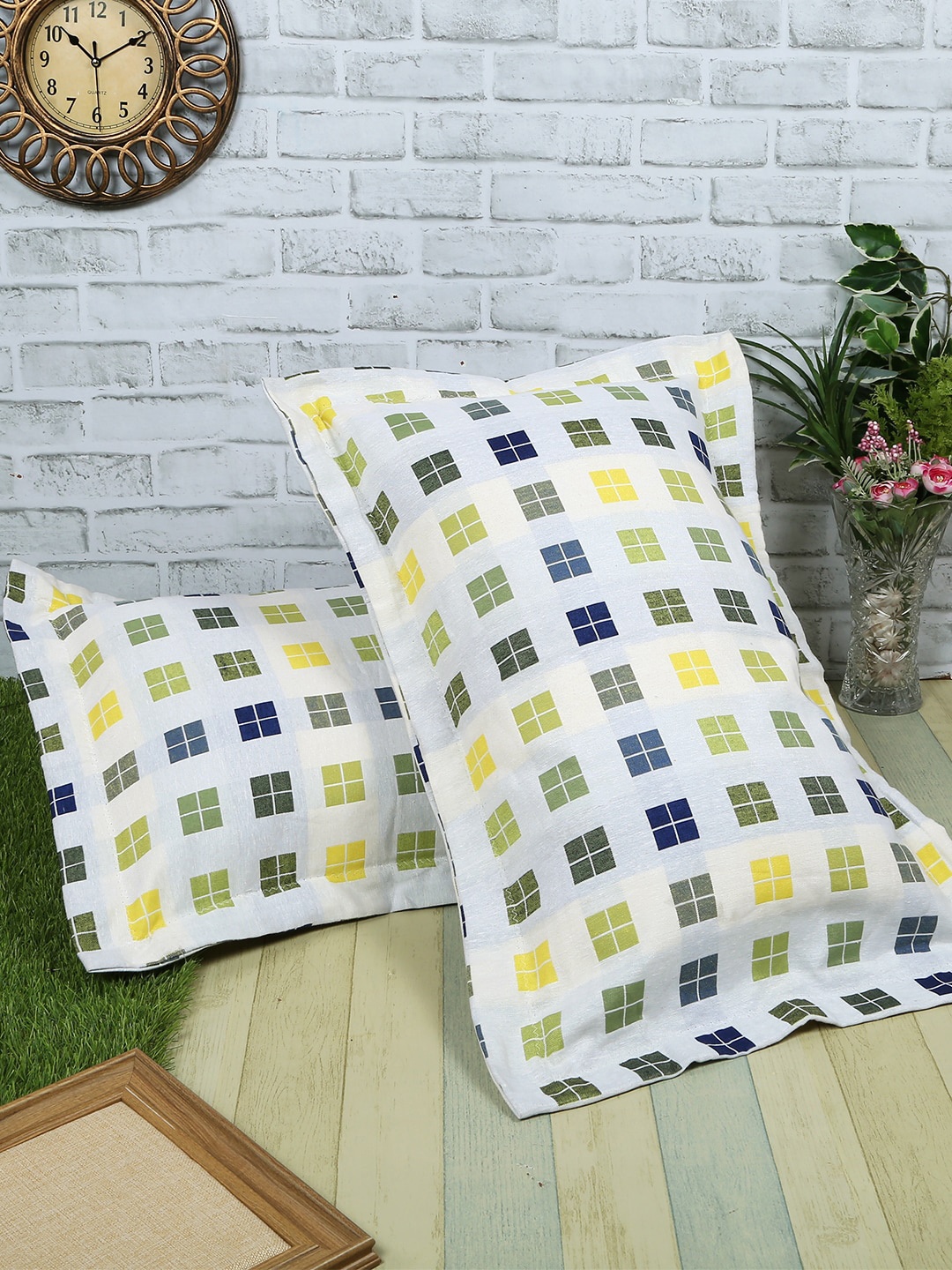 

Soumya Set of 2 White & Green Checked Pillow Covers