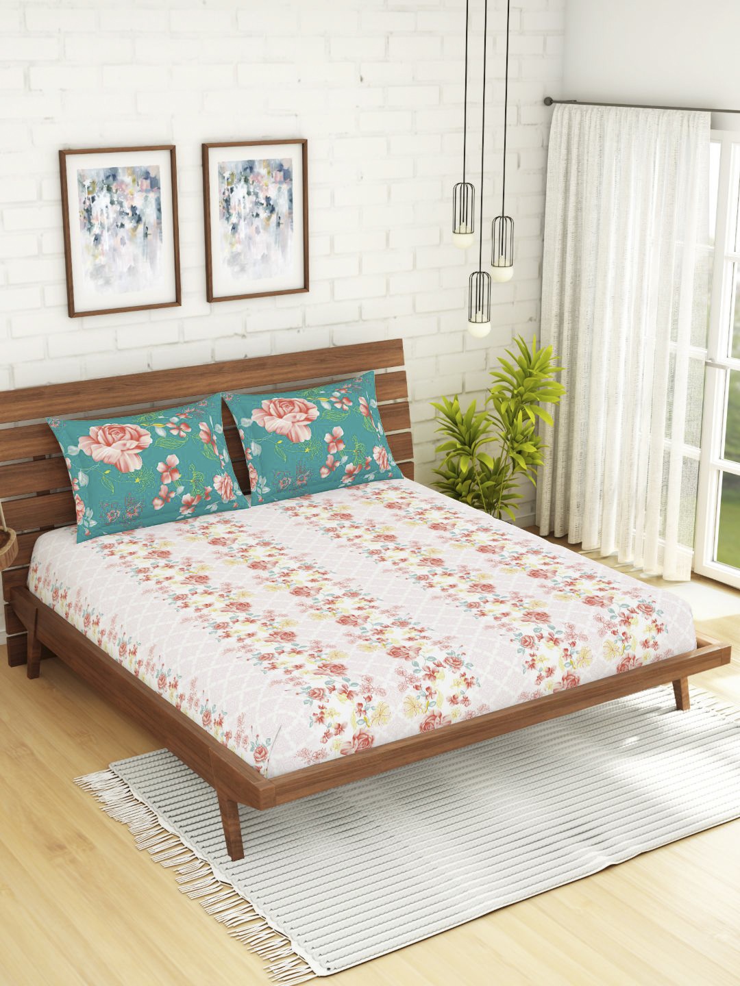 

Spaces Atrium Floral Light Pink 1 Queen Size Fitted Sheets With 2 Pillow Cover, White