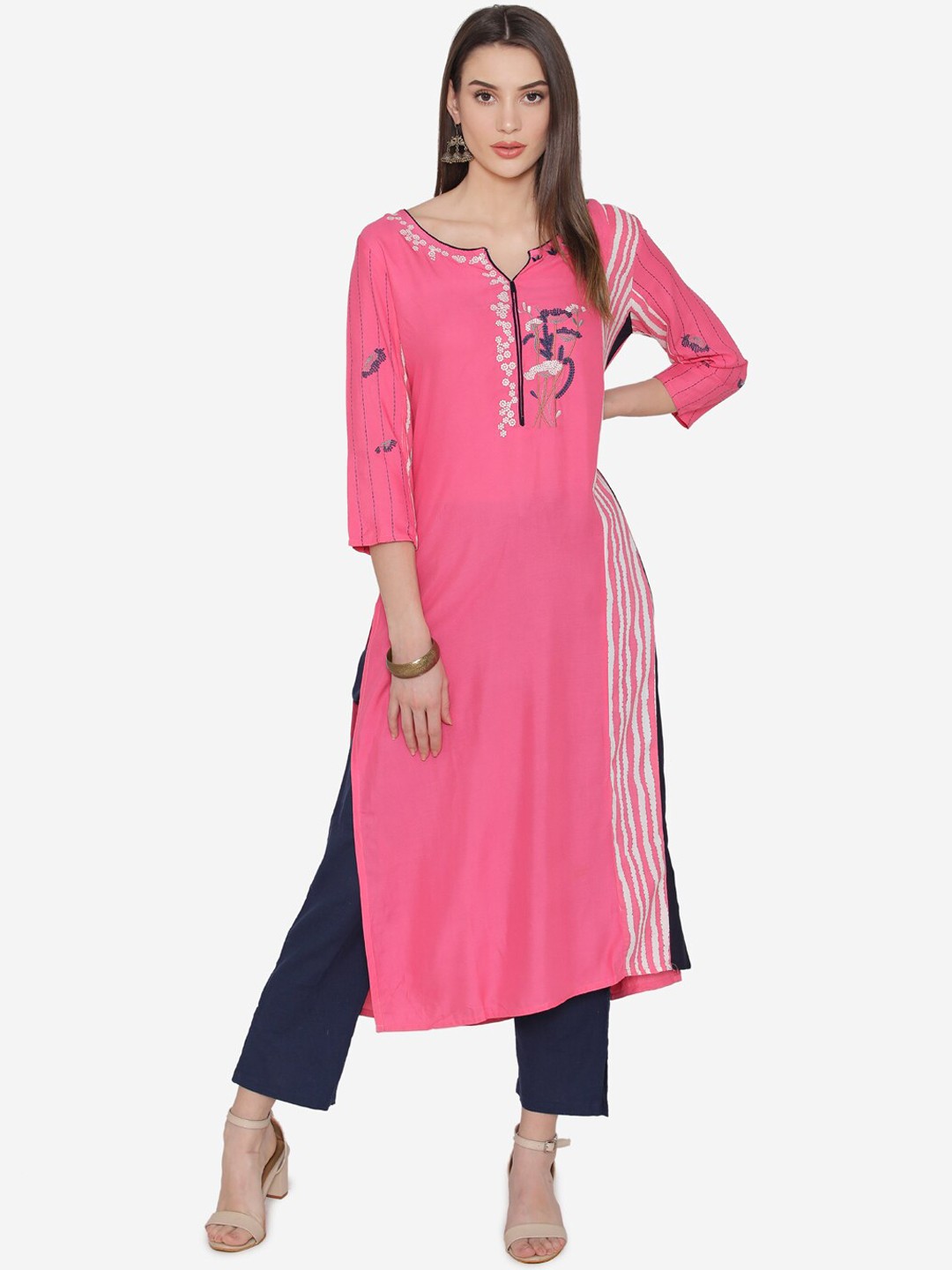 

Kifahari Women Pink & Navy Blue Embroidered Kurta with Trousers