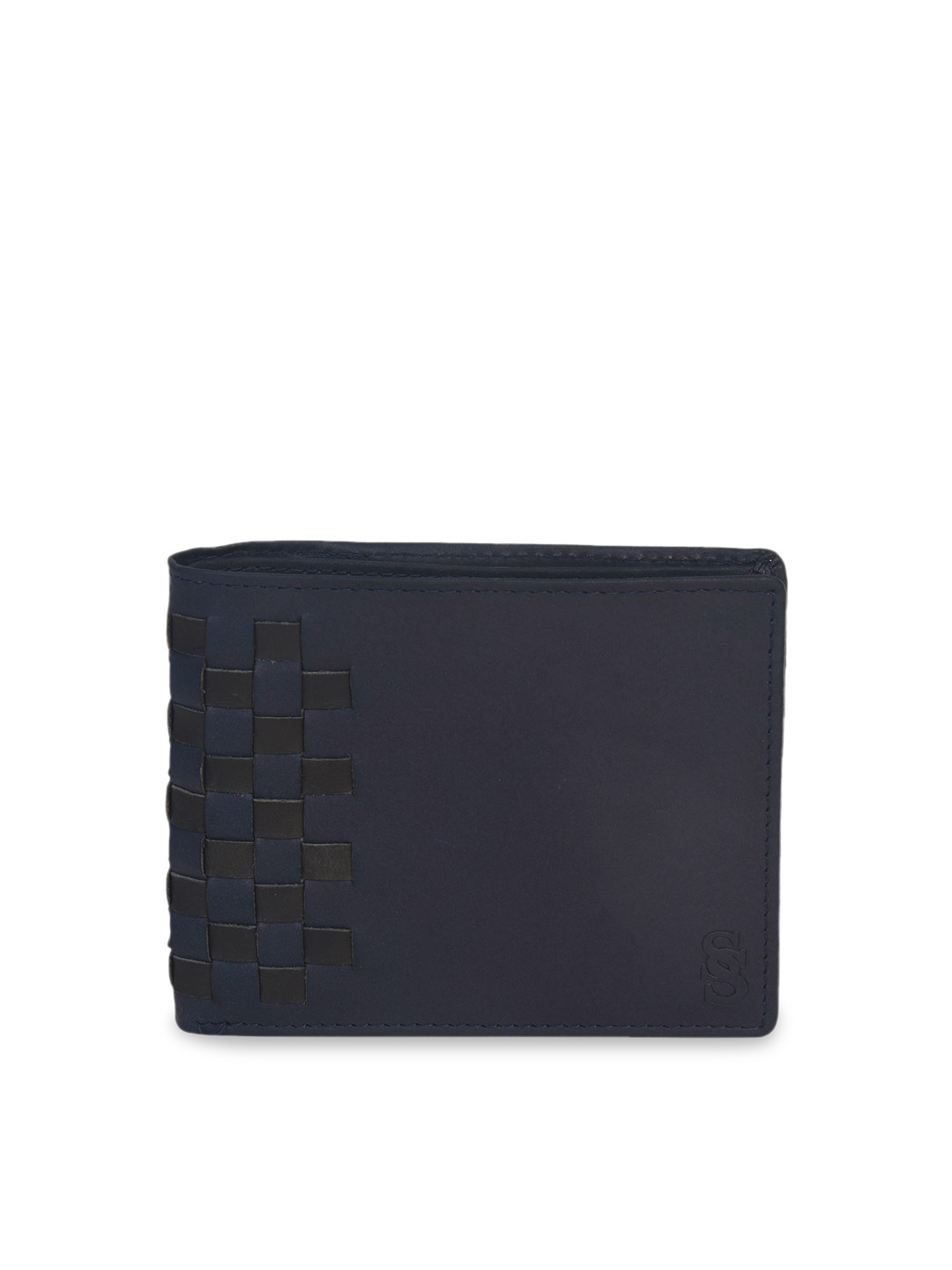 

Second SKIN Men Blue & Black Woven Design Genuine Leather Two Fold Wallet