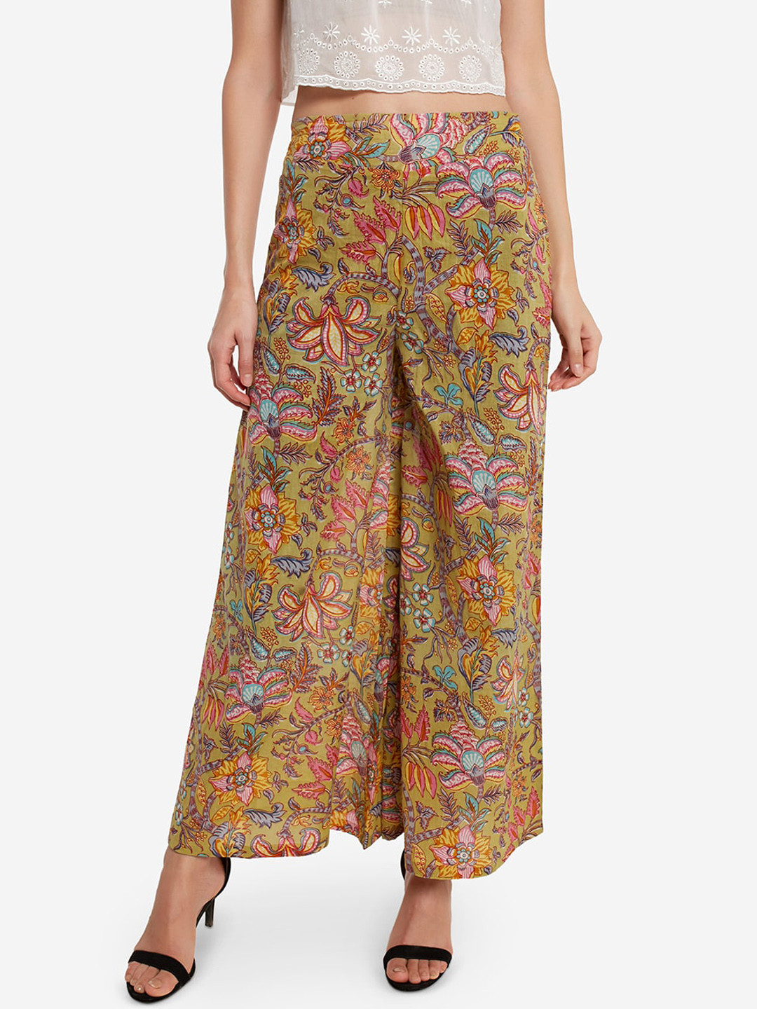 

Desi Weavess Women Mustard & Pink Printed Flared Palazzos