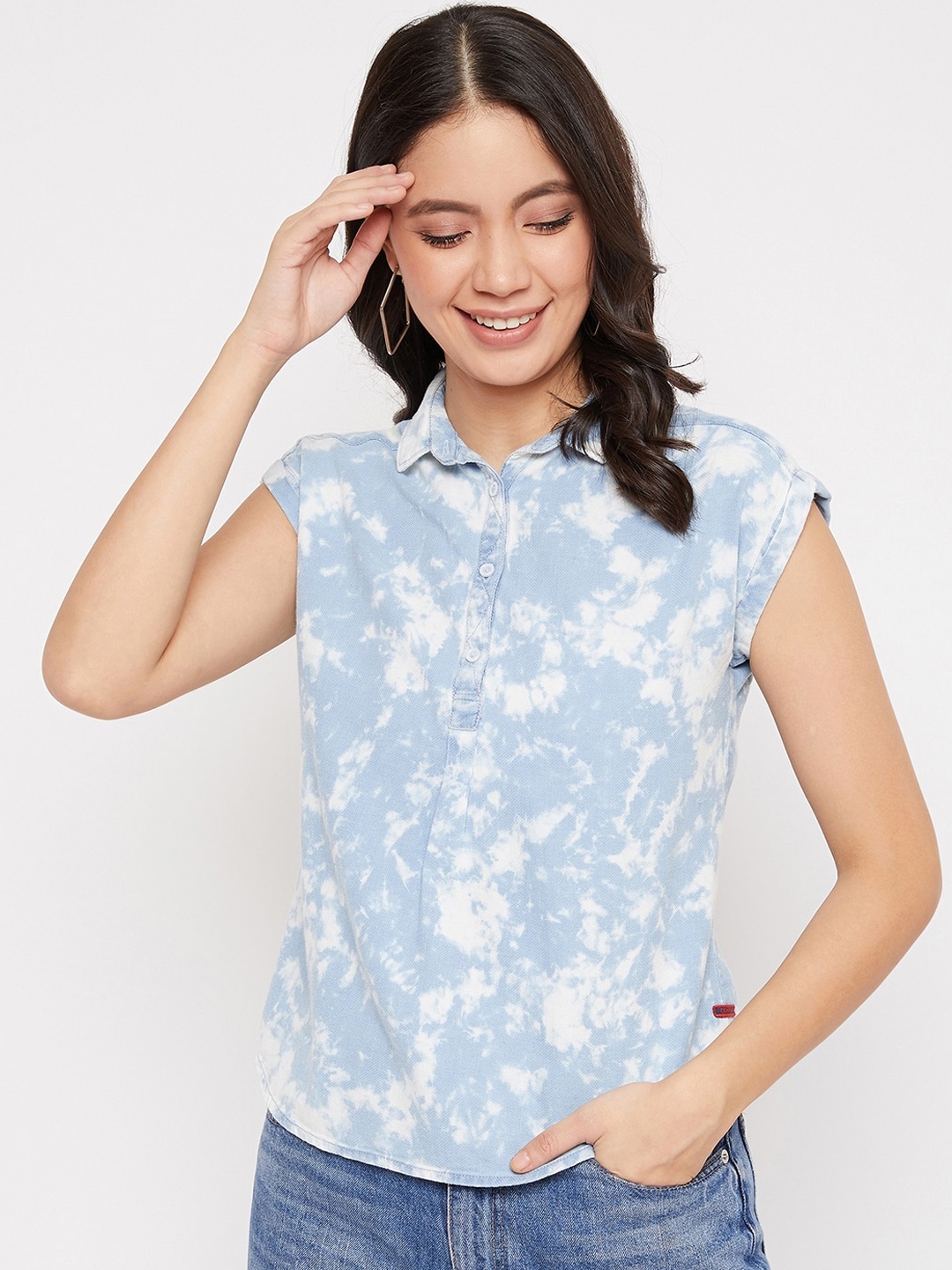 

Crimsoune Club Women Blue & White Printed Shirt Style Pure Cotton Top