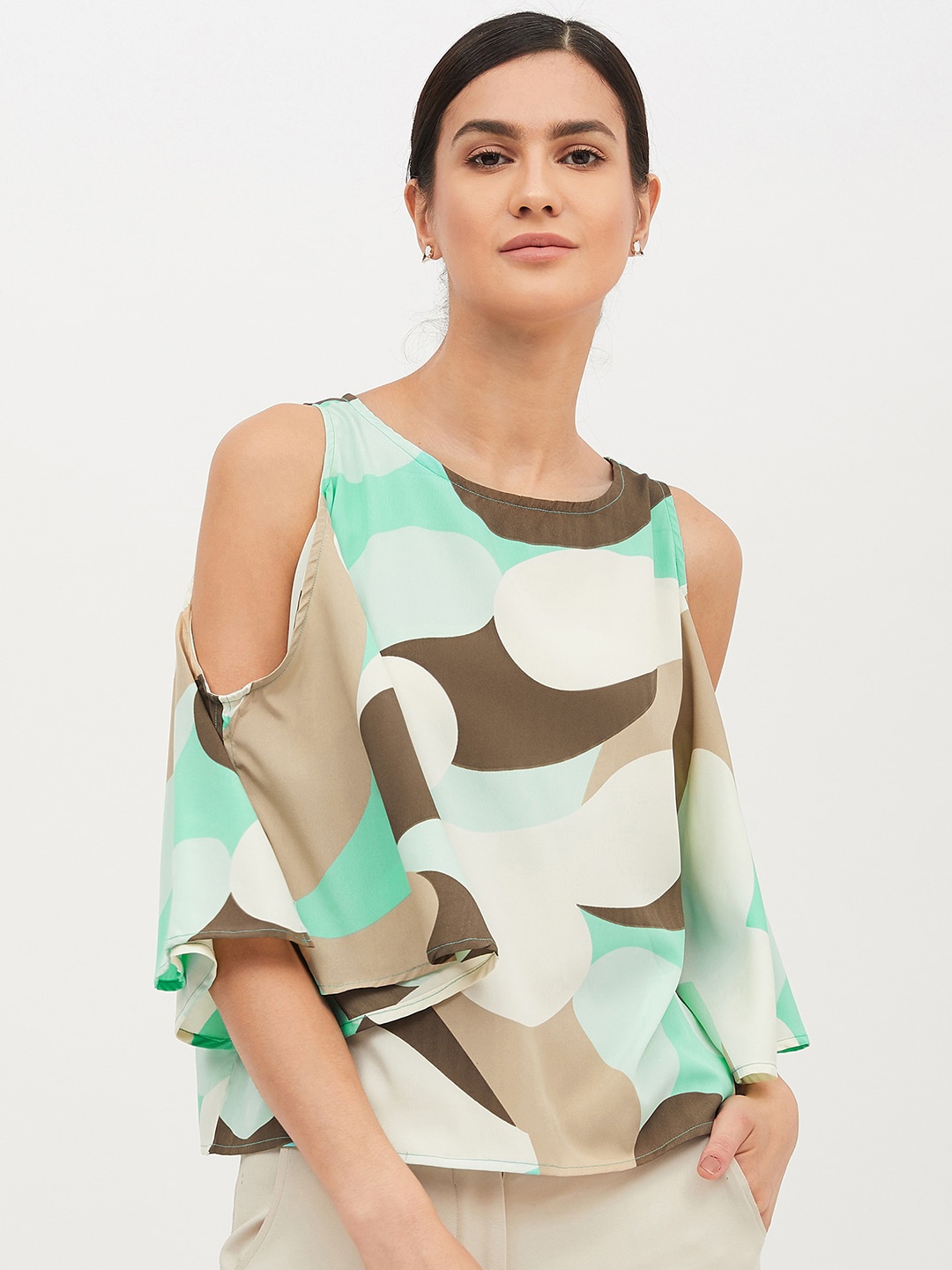 

Harpa Women Brown Printed Cold Shoulder A-Line Top