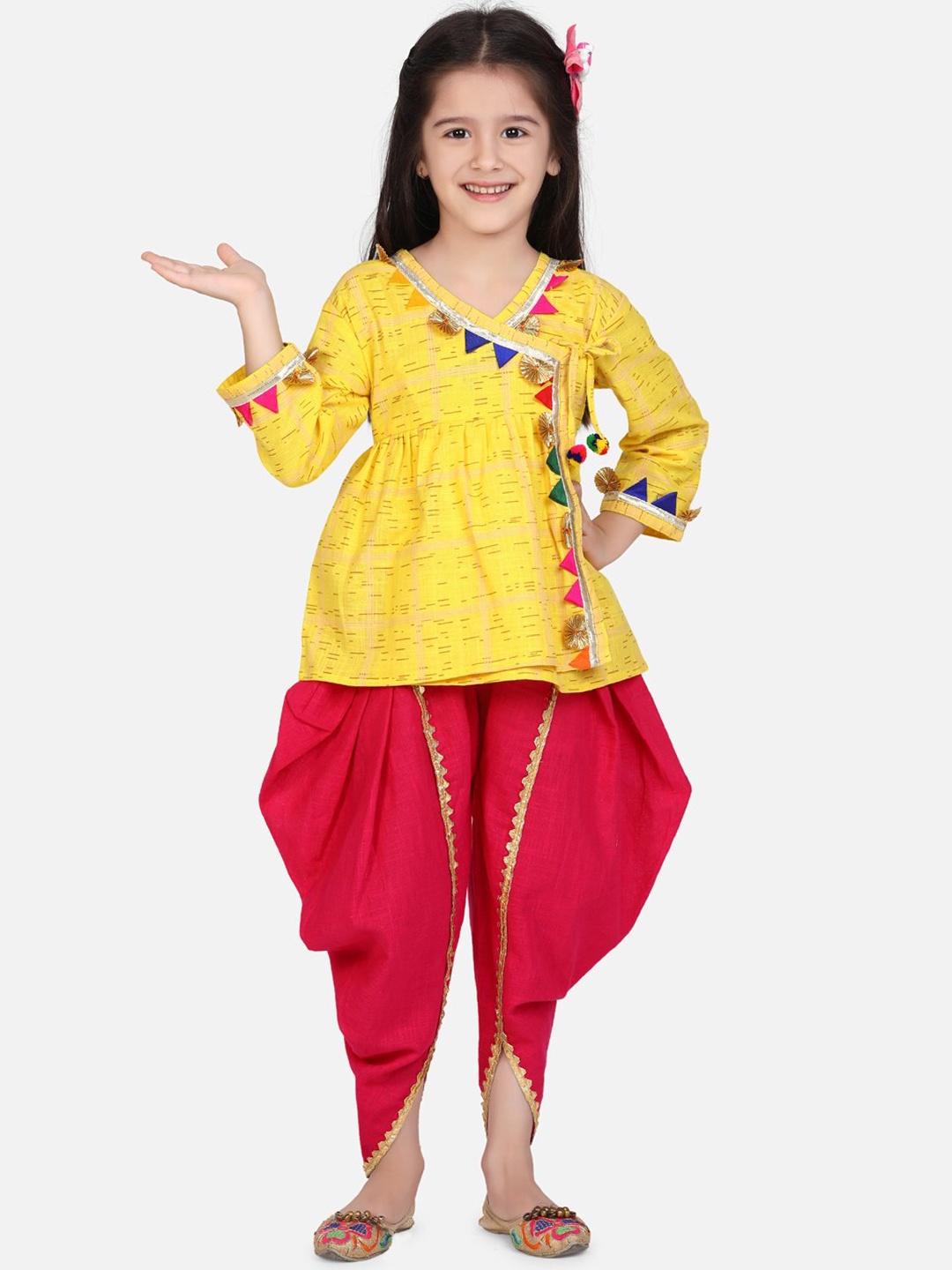 

BownBee Girls Yellow & Red Solid Kurti with Dhoti Pants