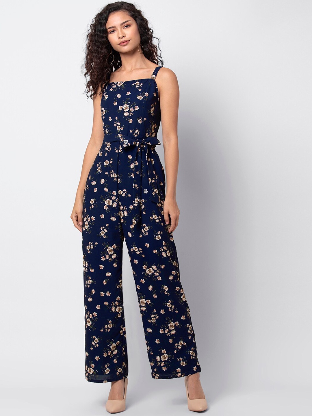 

FabAlley Women Navy Blue & Beige Floral Print Basic Jumpsuit