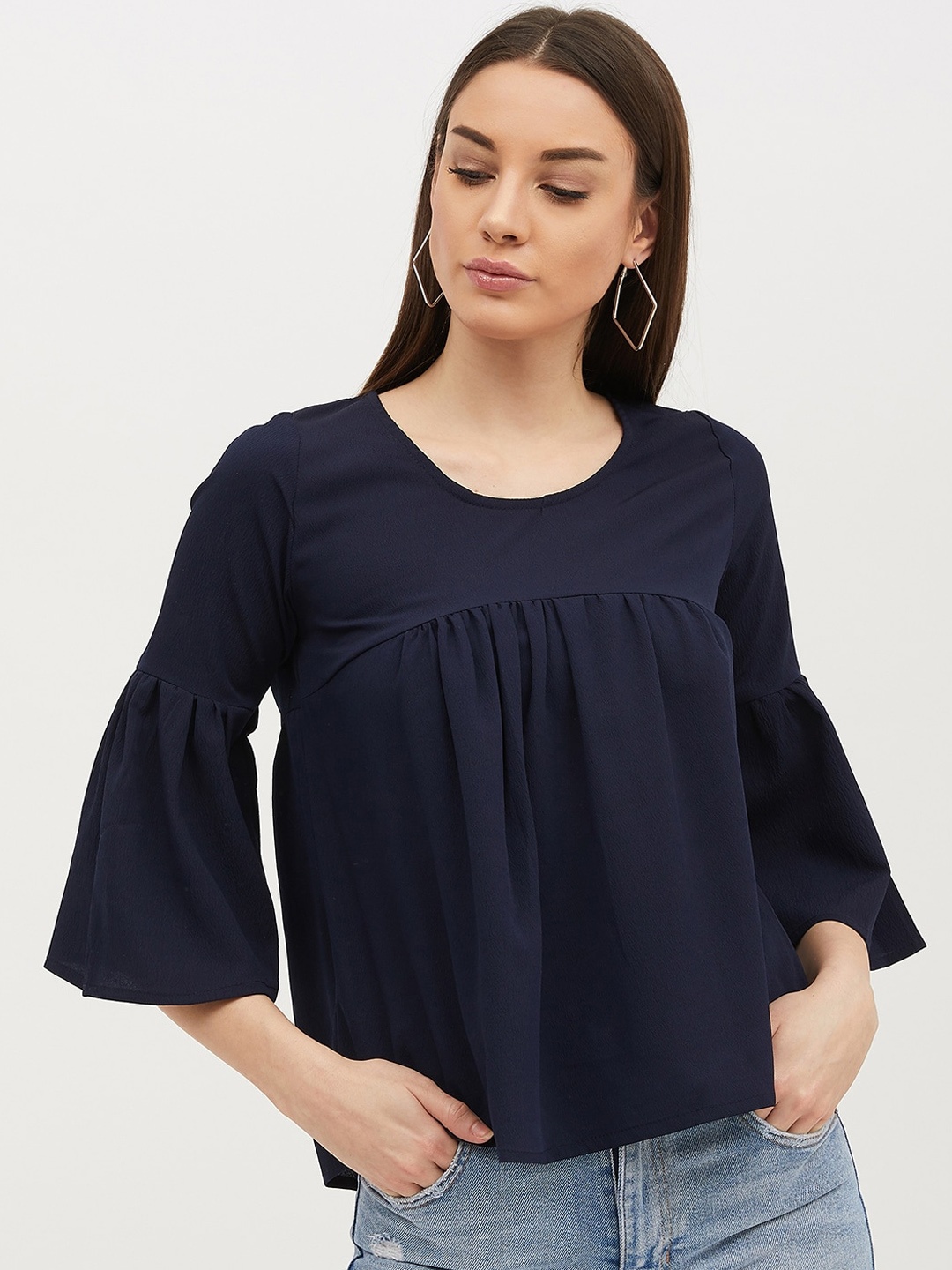 

Harpa Women Navy Blue Solid A-Line Top