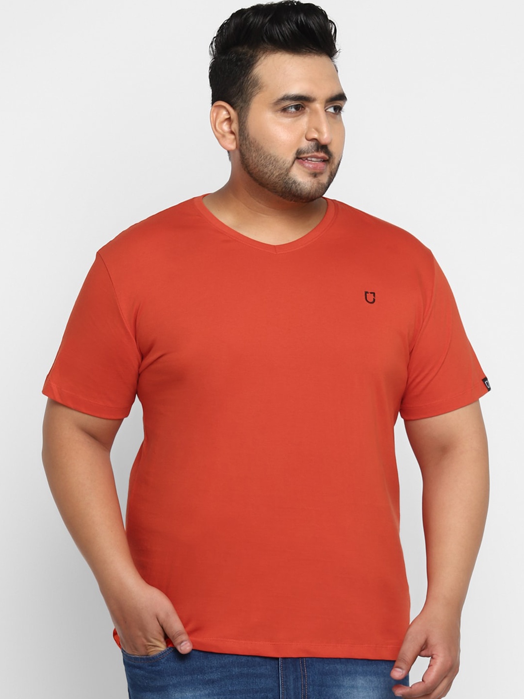Urbano Plus Men Orange Solid V-Neck Pure Cotton T-shirt