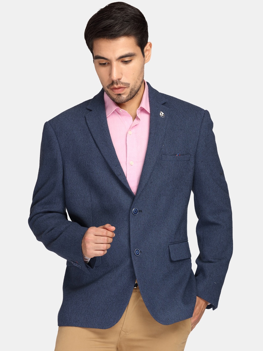 

Theme Men Blue Striped Single-Breasted Pure Wool Casual Blazer