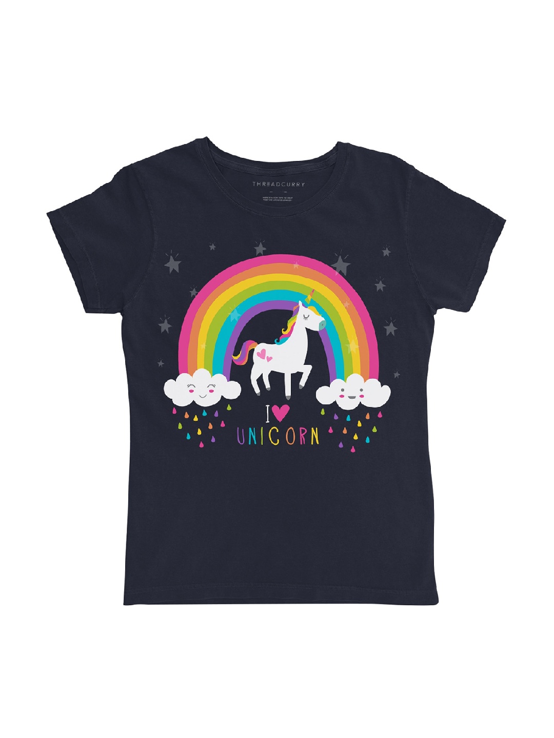 

THREADCURRY Girls Navy Blue Unicorn Printed Round Neck T-shirt