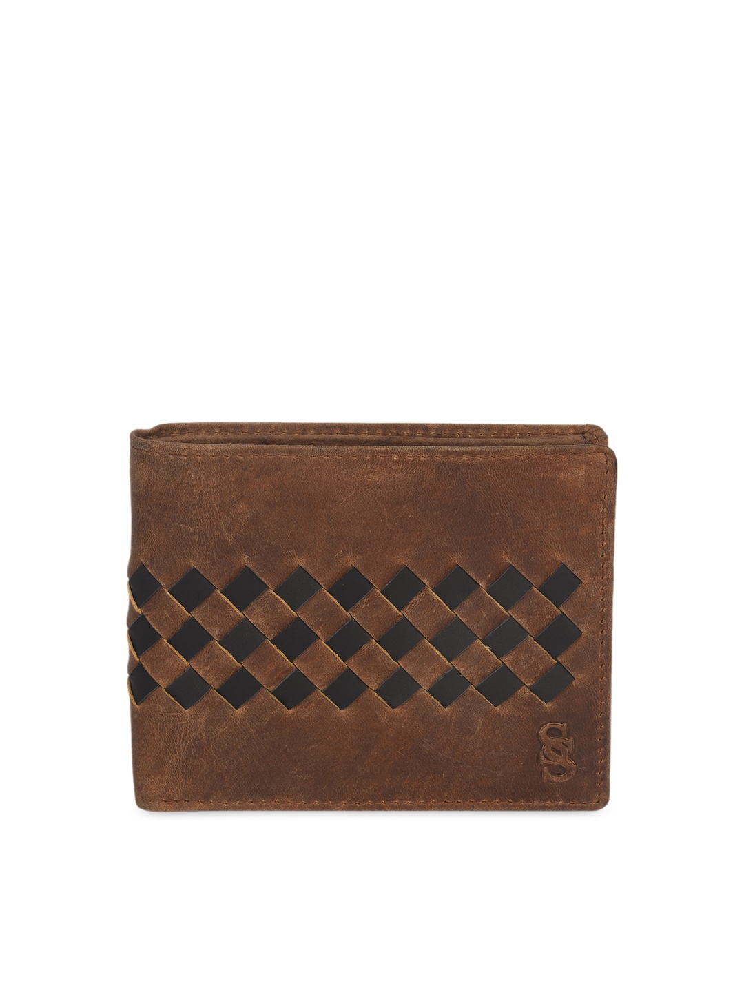 

Second SKIN Men Tan & Black Woven Design Two Fold Leather Wallet