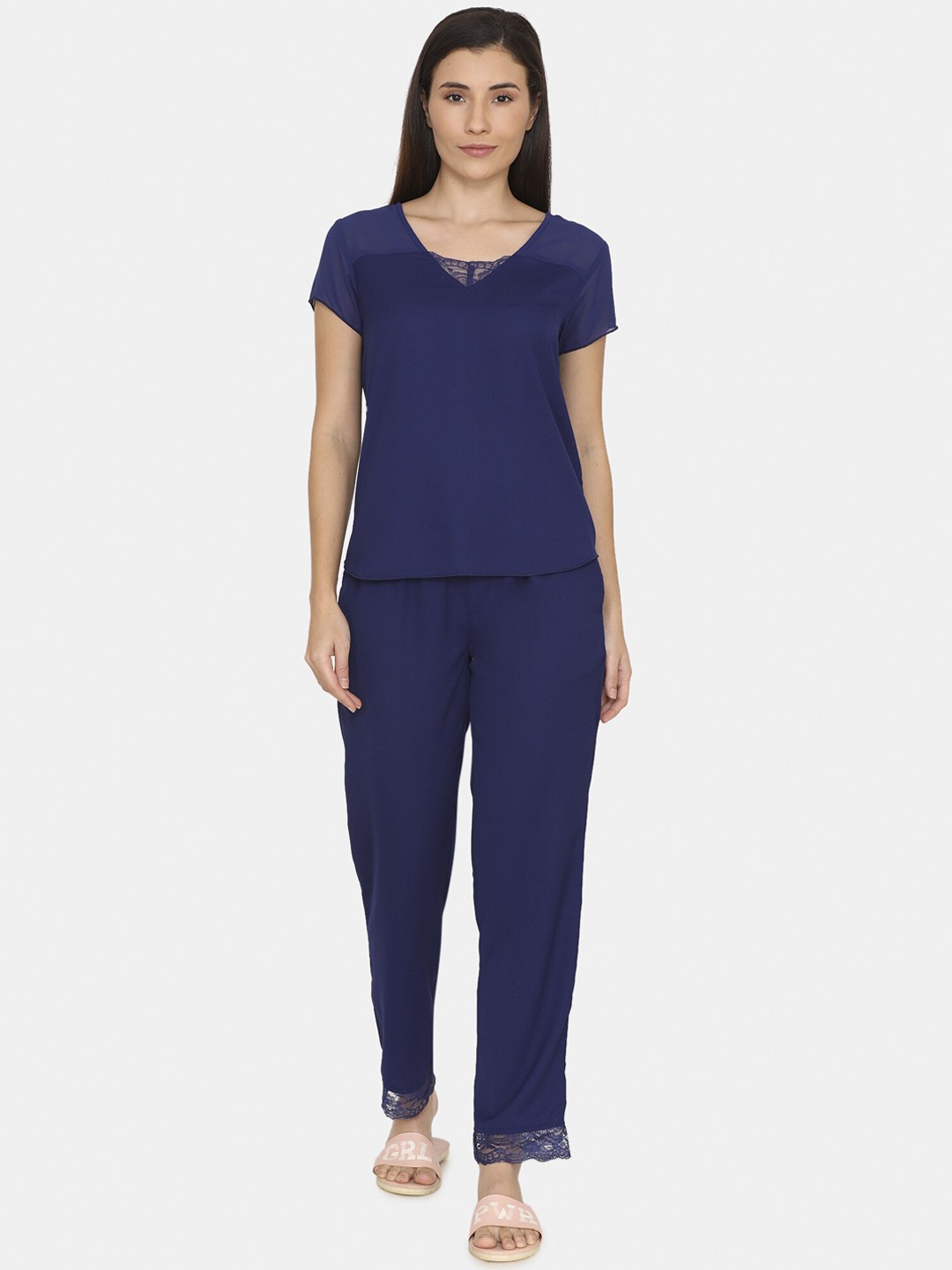 

Zivame Women Navy Blue Solid Night Suit