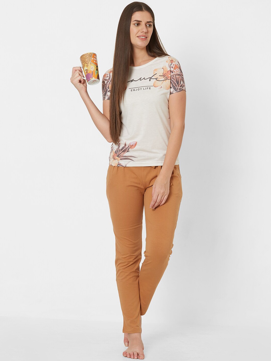 

Sweet Dreams Women Off-White & Brown Floral Print Night Suit