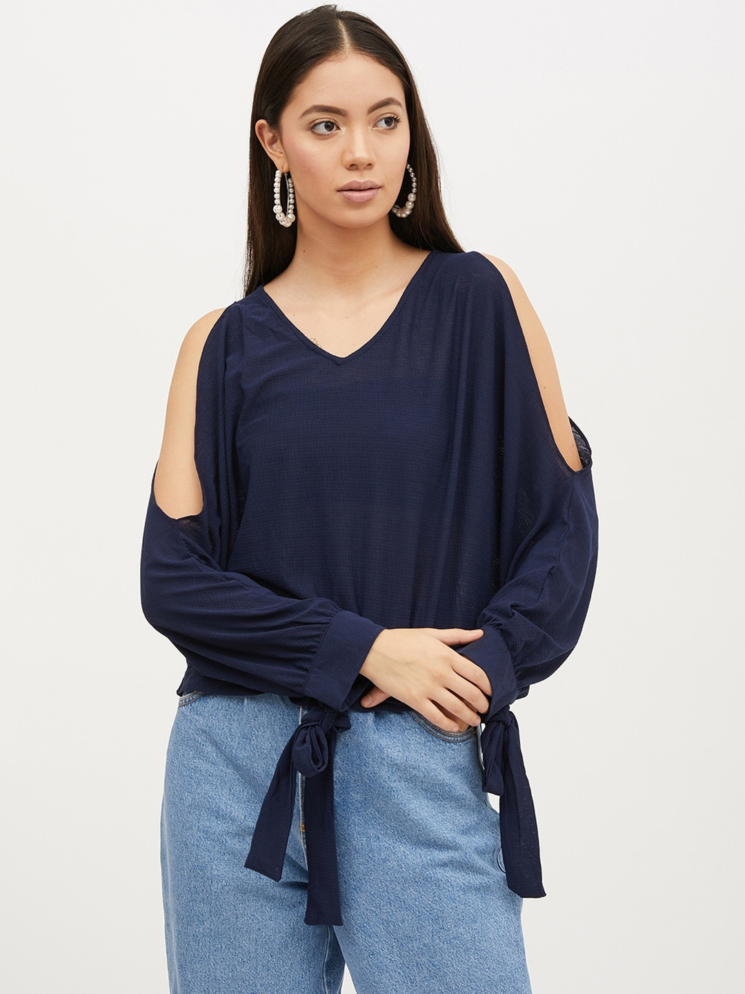 

Harpa Women Navy Blue Solid Cold Shoulder Sleeves Top