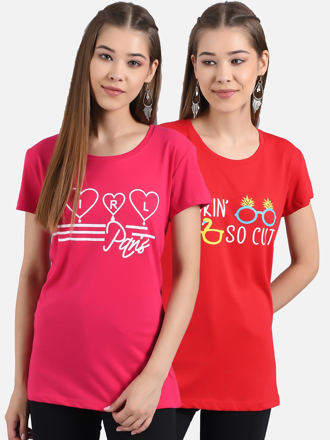 

Kotty Women Pack Of 2 Printed Round Neck T-shirt, Pink