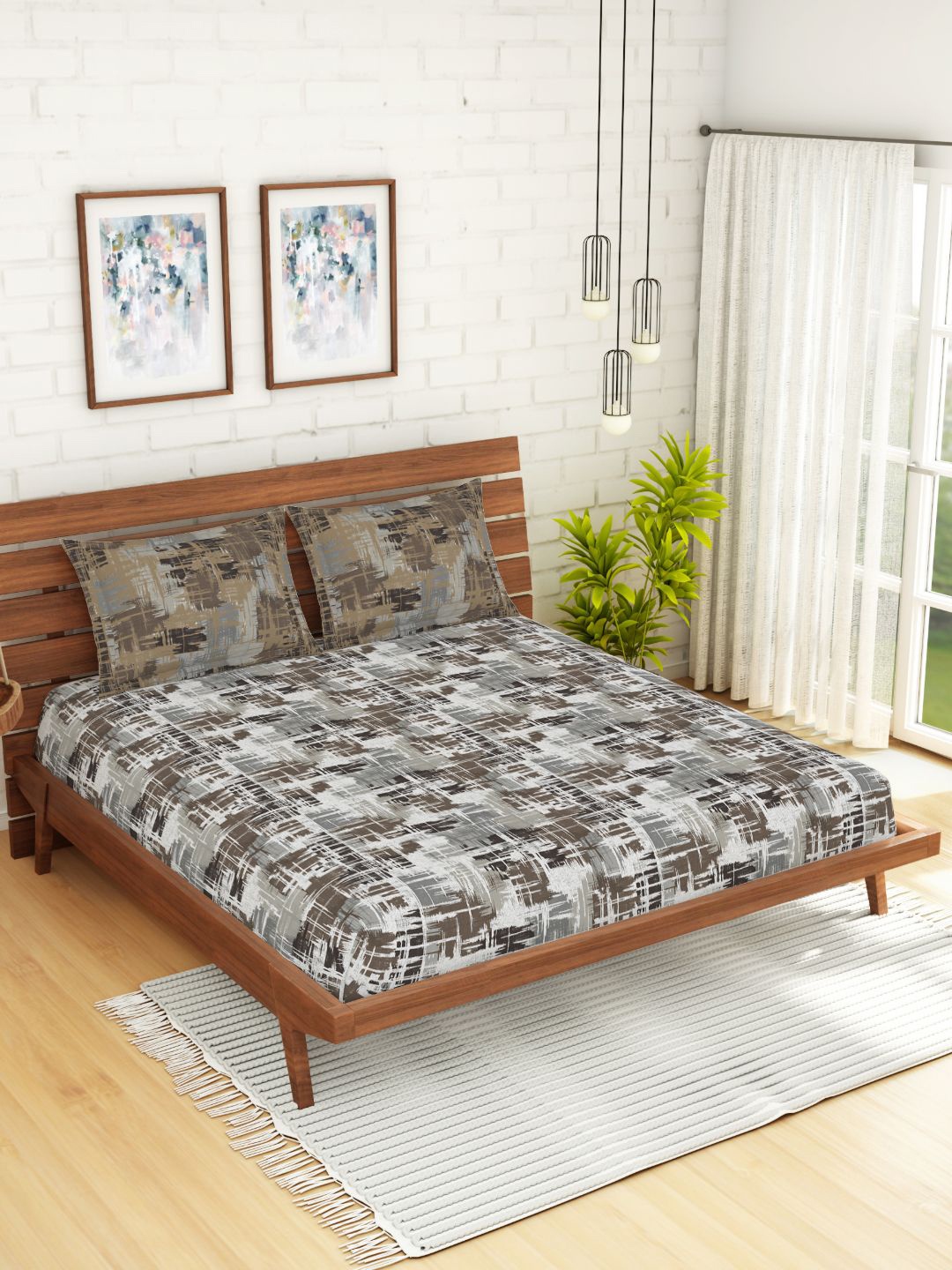 

Spaces Atrium Geometric Dark Brown 1 Queen Size Fitted Sheets With 2 Pillow Cover, Grey