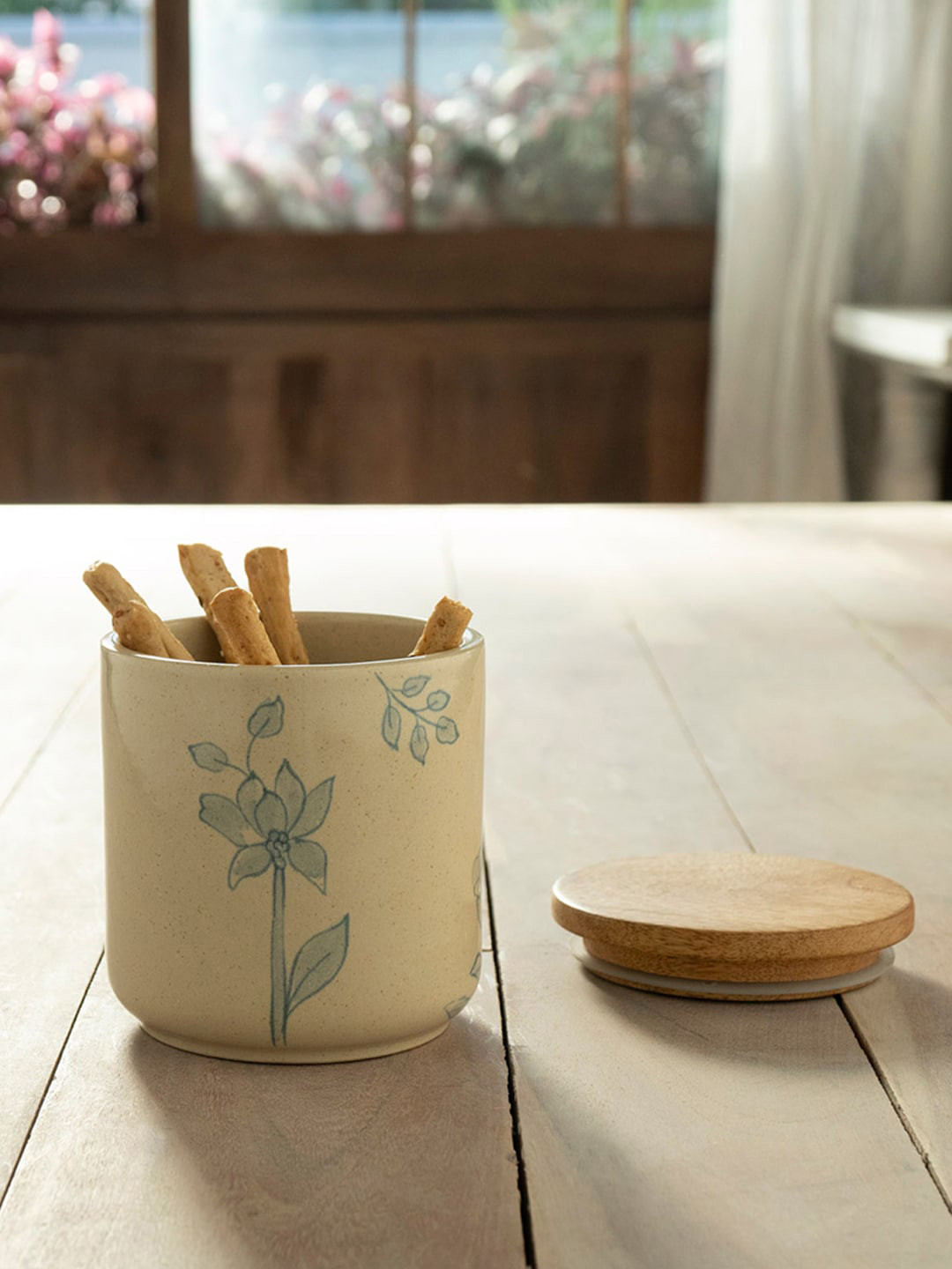 

ellementry Off-White & Brown Printed Fiore Ceramic Jar With Lid