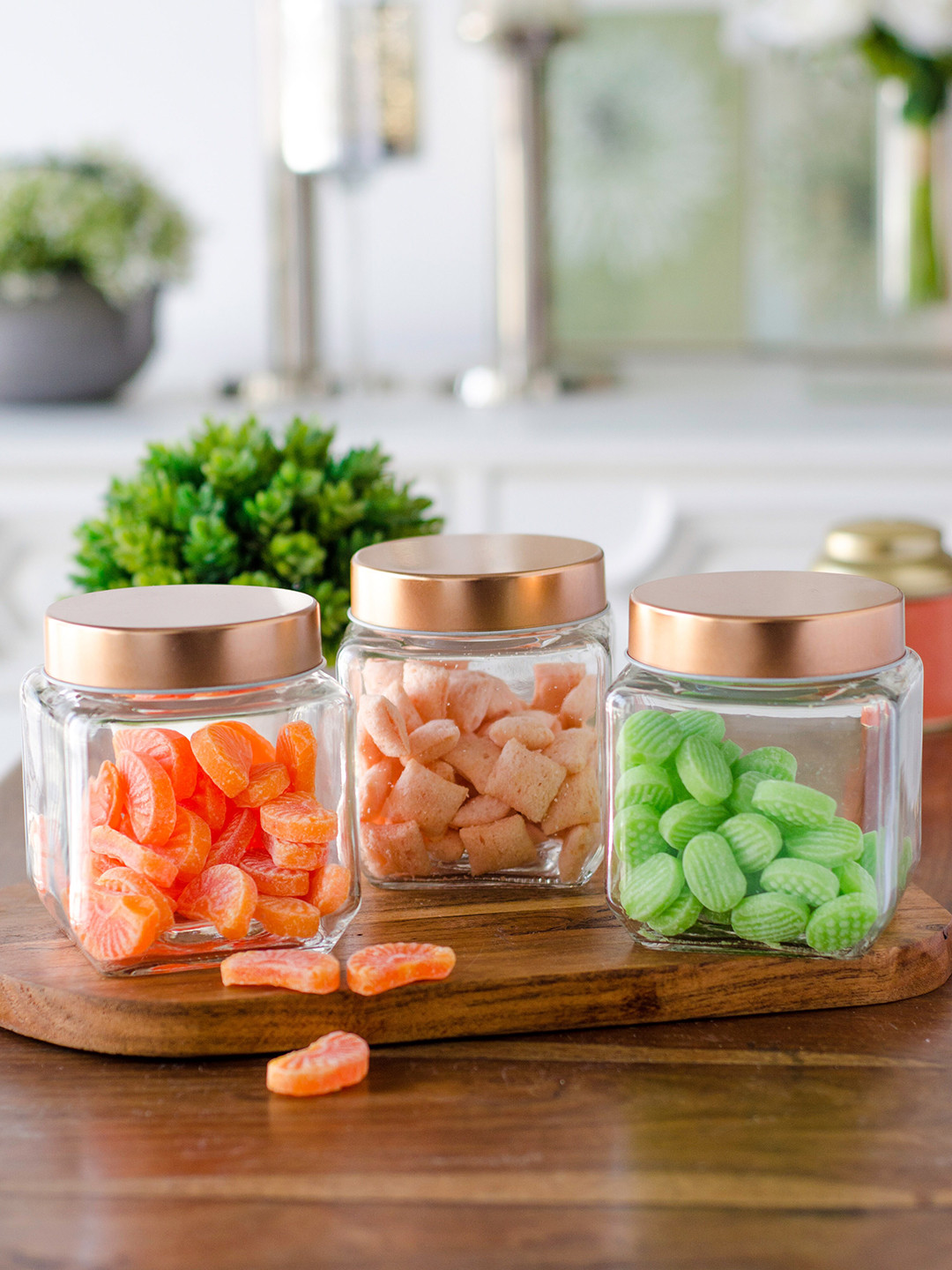 

GOODHOMES Set Of 3 Transparent Cube Glass Jars With Copper Lid