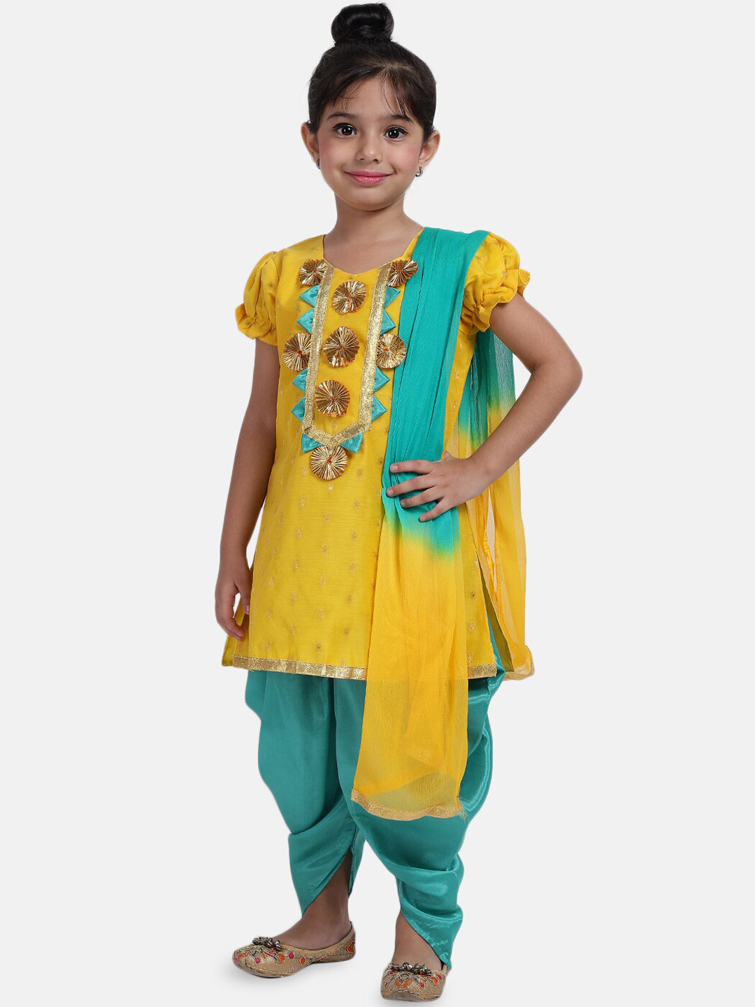

BownBee Girls Yellow & Green Woven Design Kurti with Dhoti Pants & Dupatta