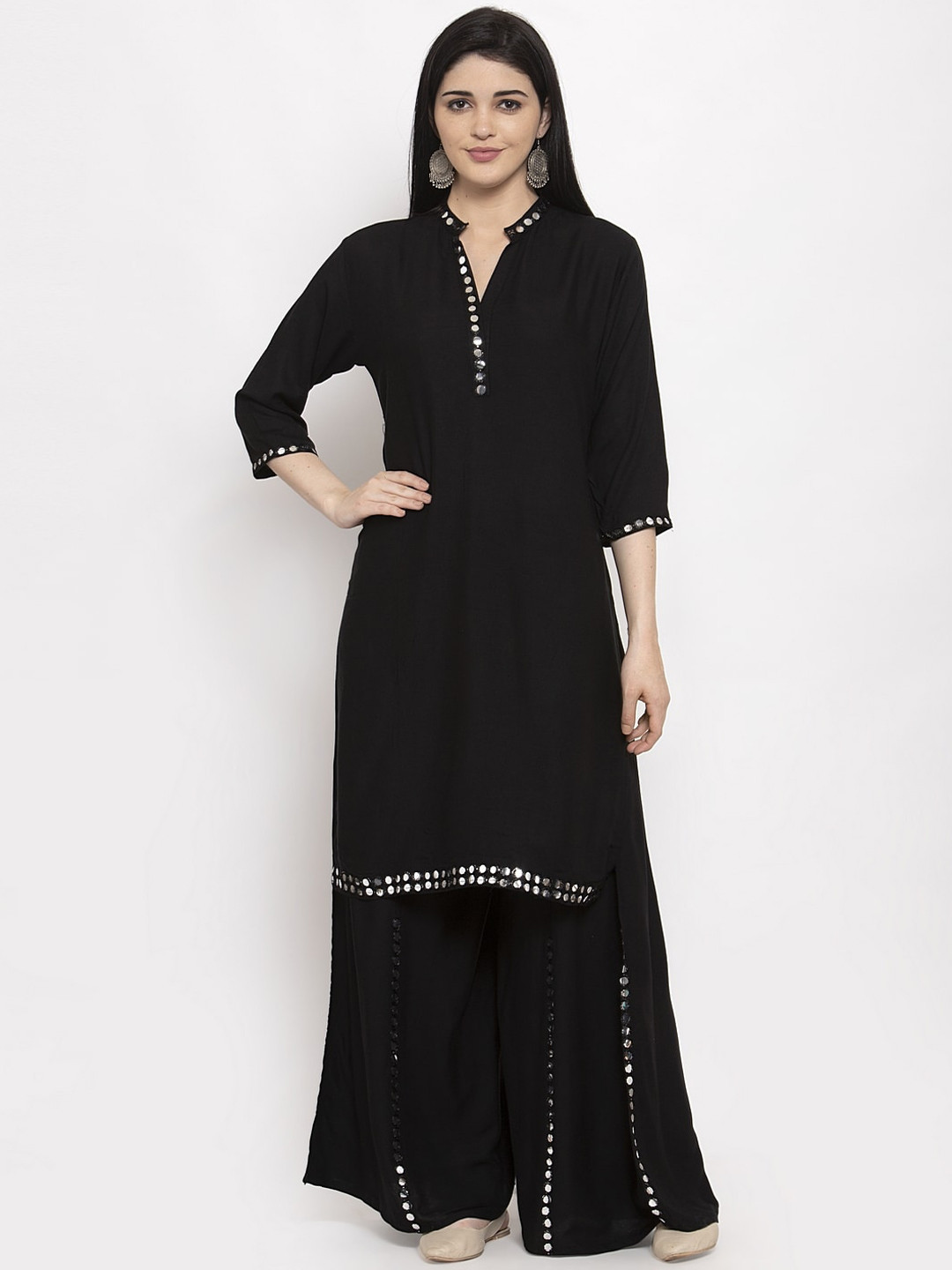 

Clora Creation Women Black Solid Mirror Work Kurta with Sharara