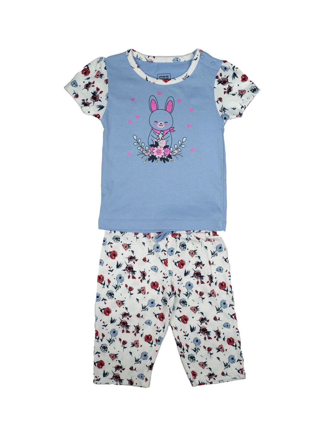 

MeeMee Infant Girls Blue & White Printed T-shirt with Pyjamas Set