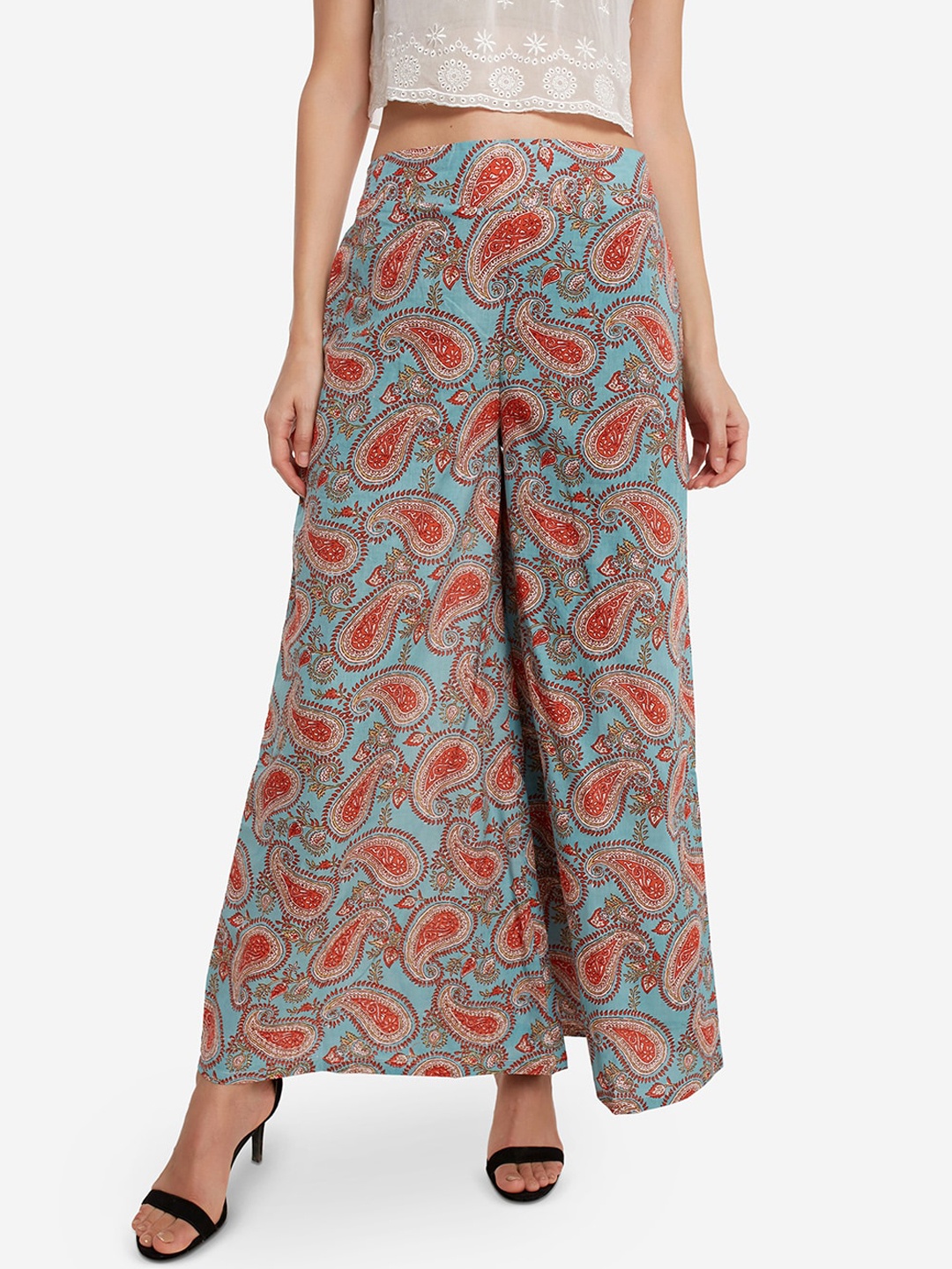 

Desi Weavess Women Multicoloured Paisley Print Flared Palazzos, Multi
