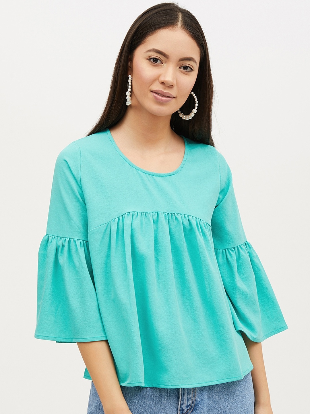 

Harpa Women Turquoise Blue Solid A-Line Top