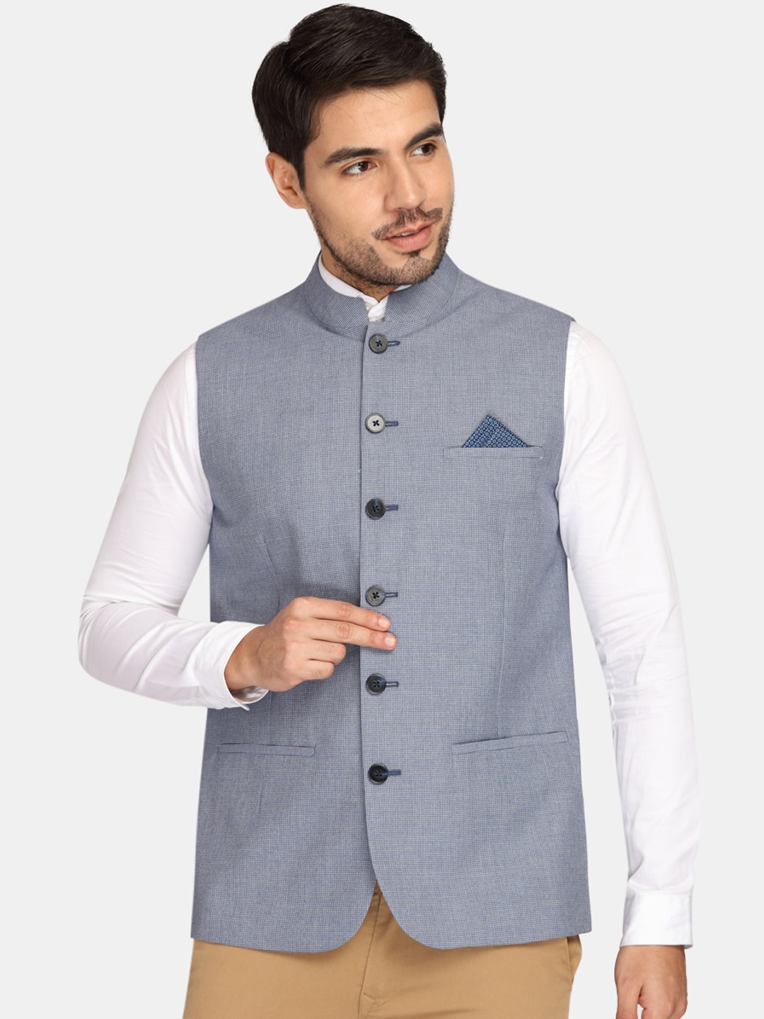Theme Men Blue Solid Woven Nehru Jacket