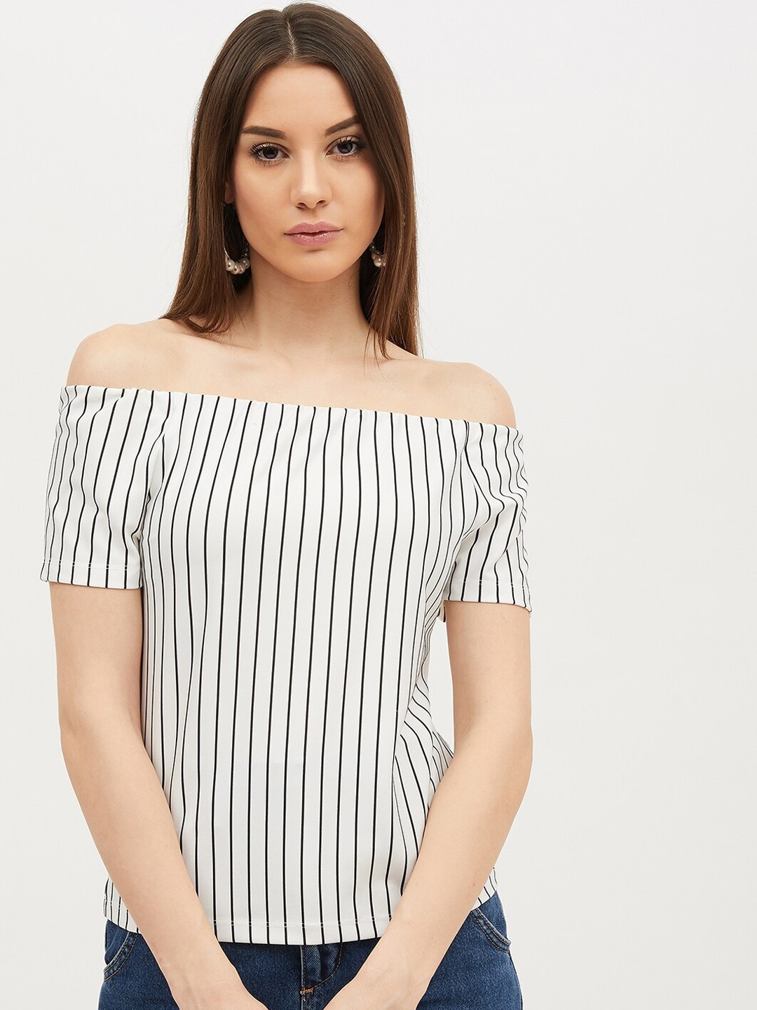 

Harpa Women White Striped Bardot Top